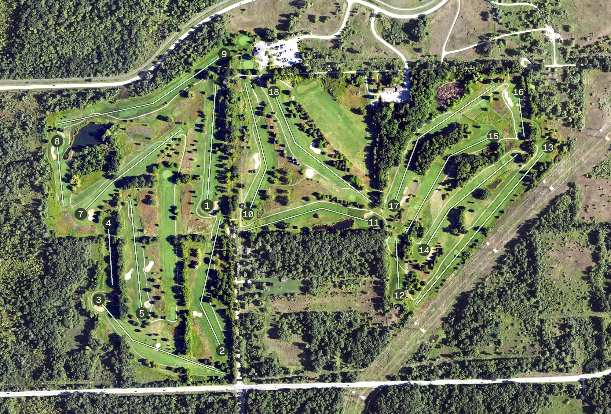 Aerial view of Indian Springs Metropark Golf Course, MI, with its hole routing marked
