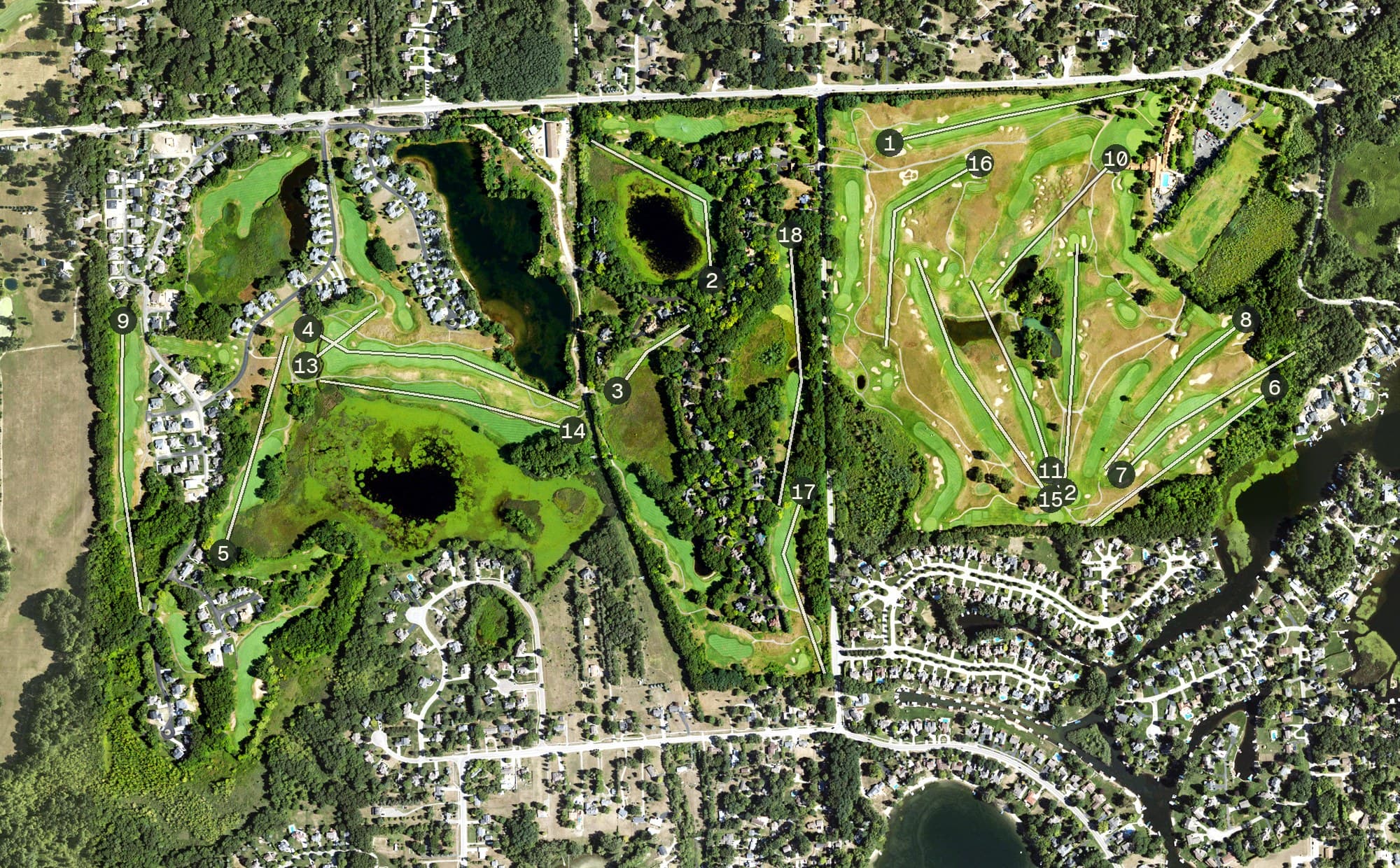 Aerial view of Indianwood Golf & Country Club, MI, with its hole routing marked