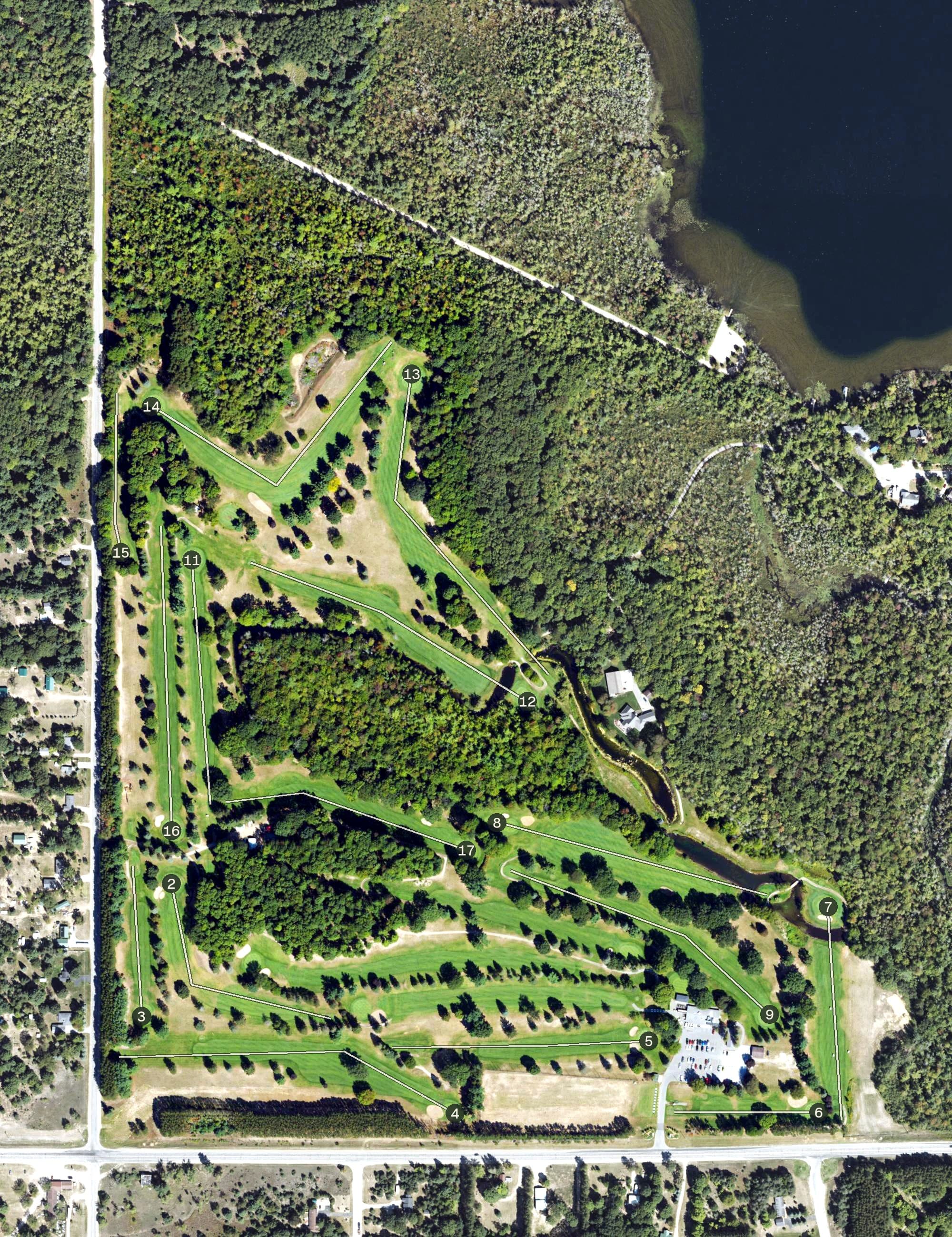 Aerial view of Interlochen Golf Course, MI, with its hole routing marked