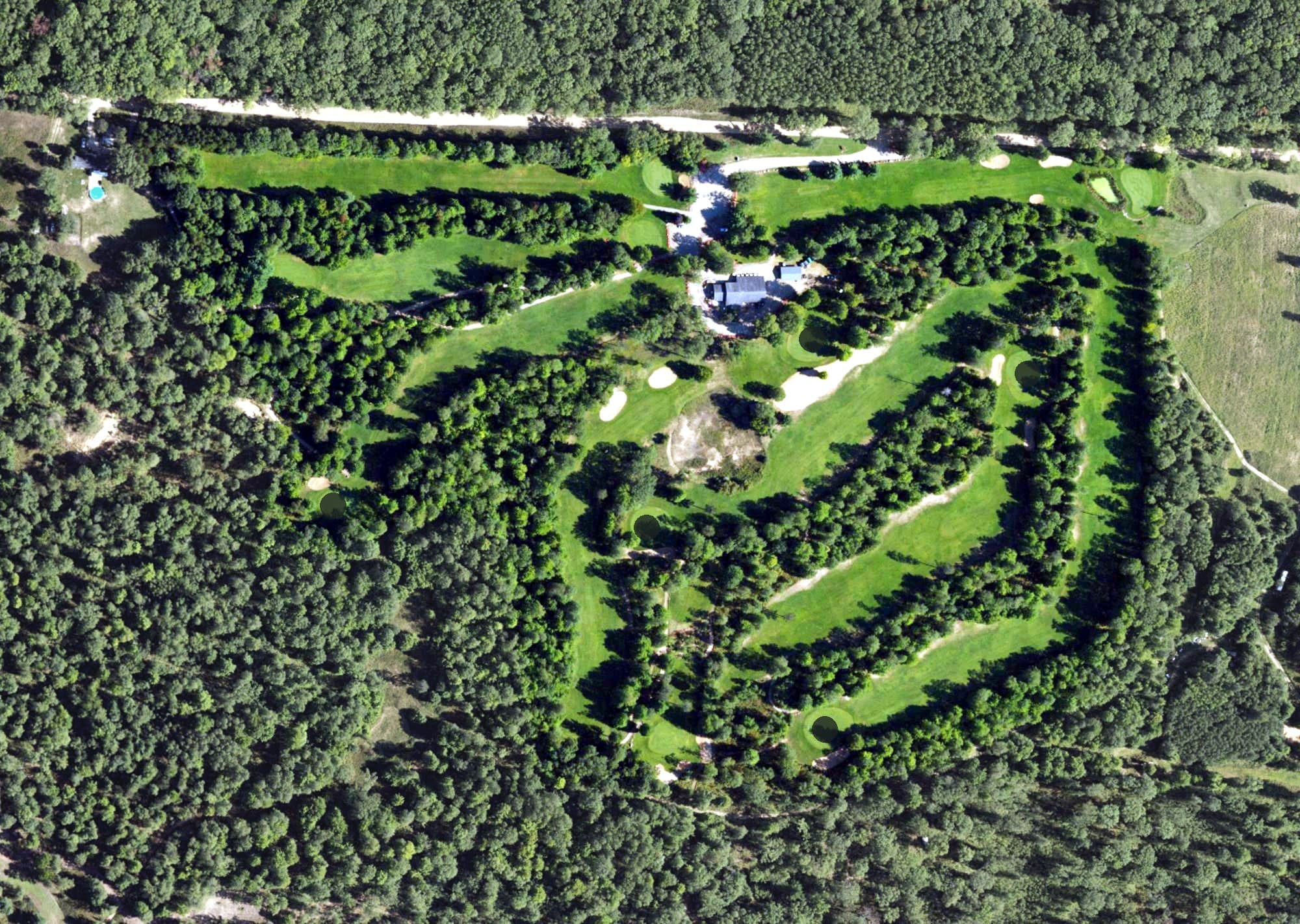 Aerial view of Intimidator Golf Course, MI, with its hole routing marked