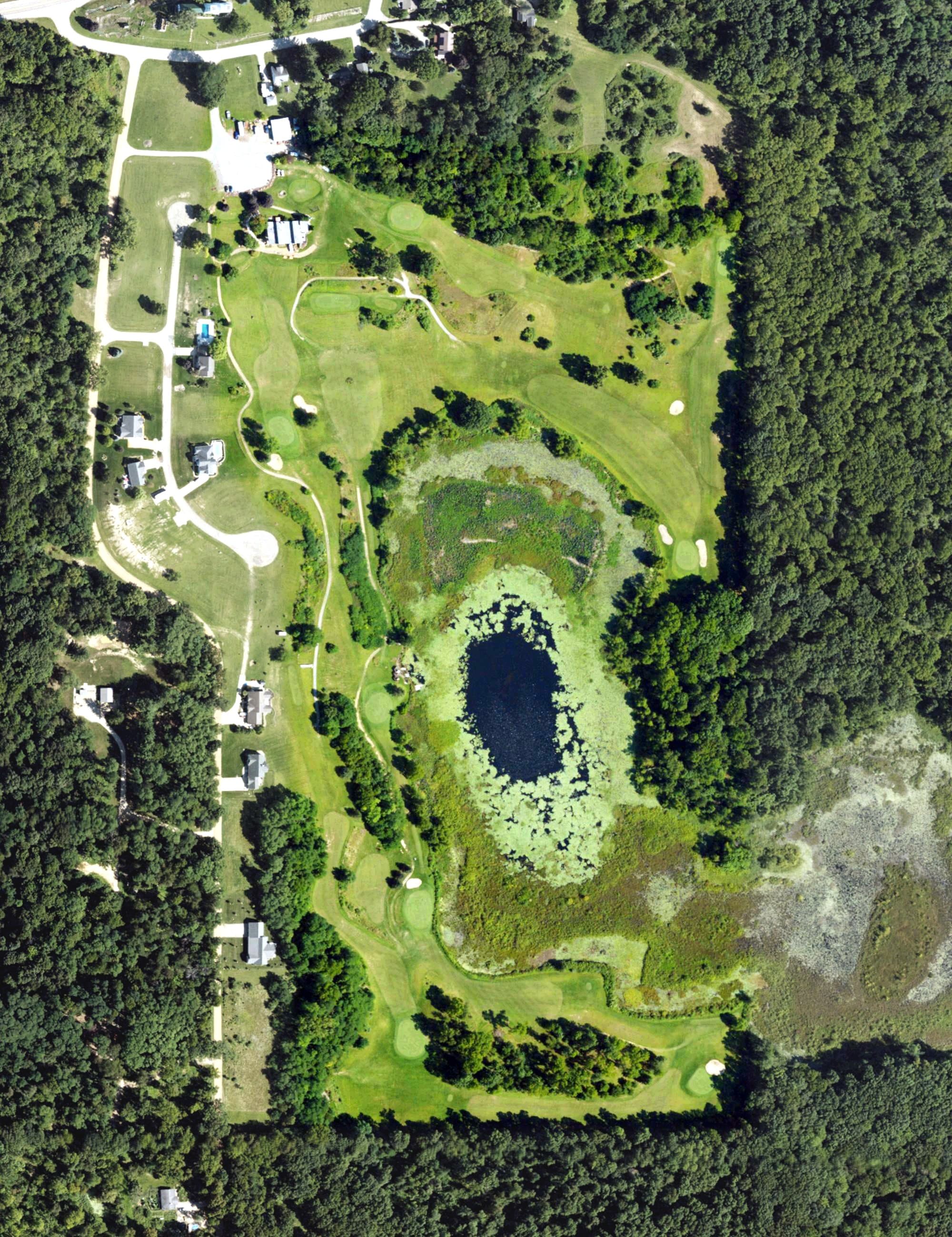Aerial view of Irish Hills Golf Club, MI, with its hole routing marked