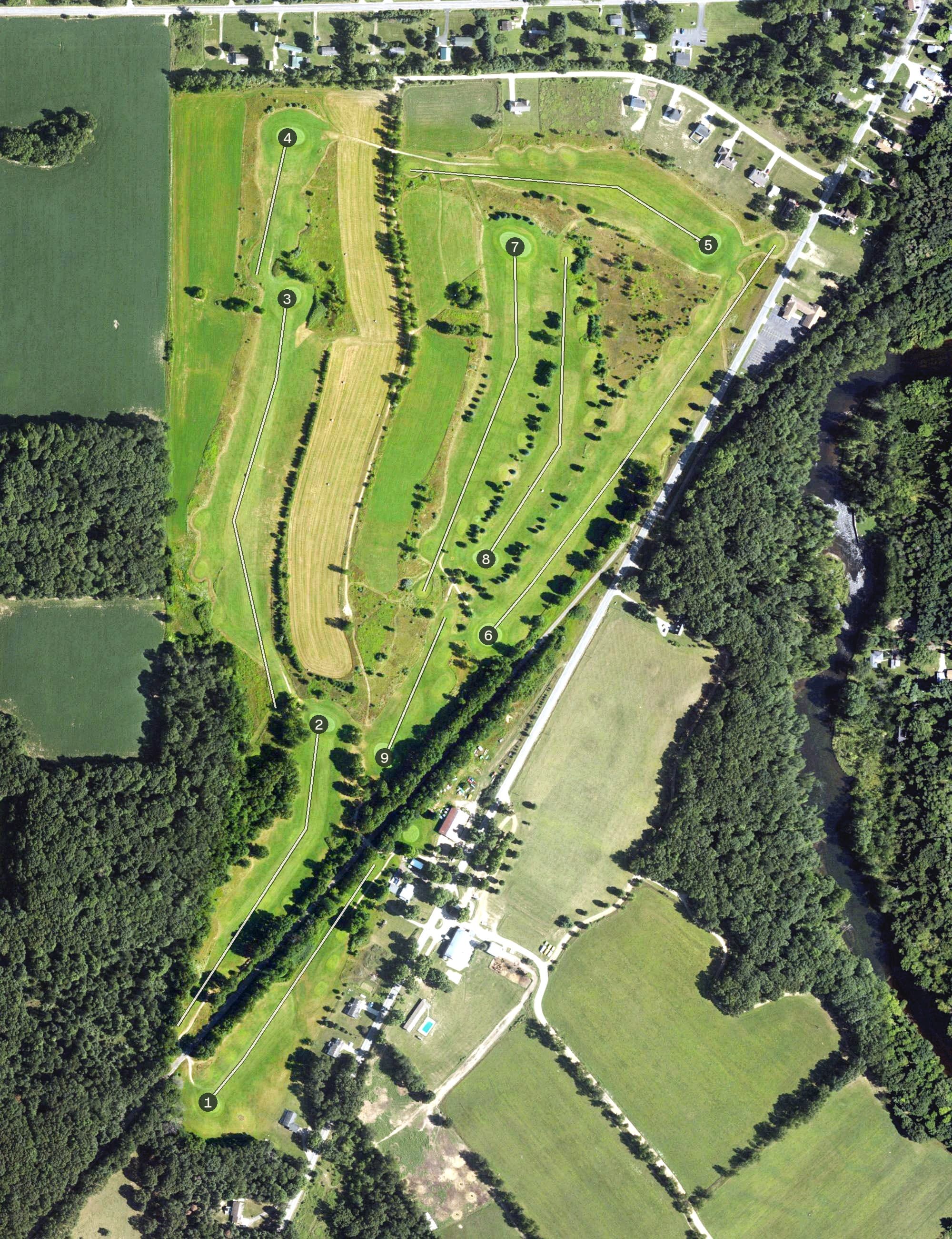 Aerial view of Iron Horse Golf Course, MI, with its hole routing marked