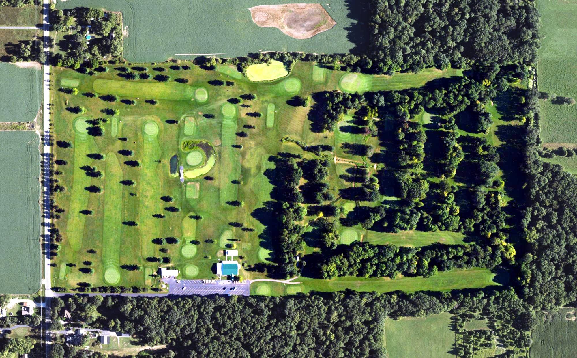 Aerial view of Iron Links Golf Course, MI, with its hole routing marked
