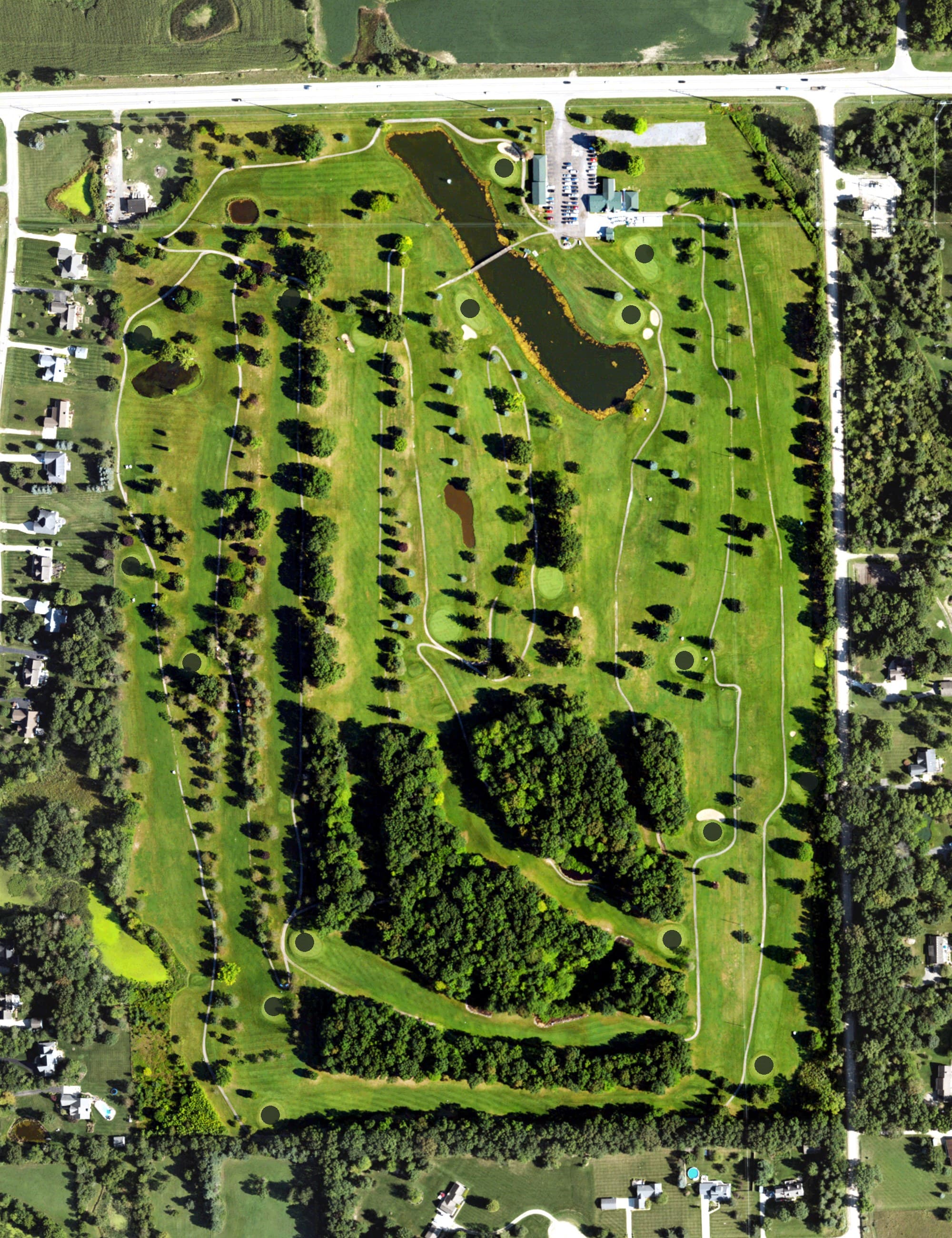 Aerial view of Ironwood Golf Club, MI, with its hole routing marked