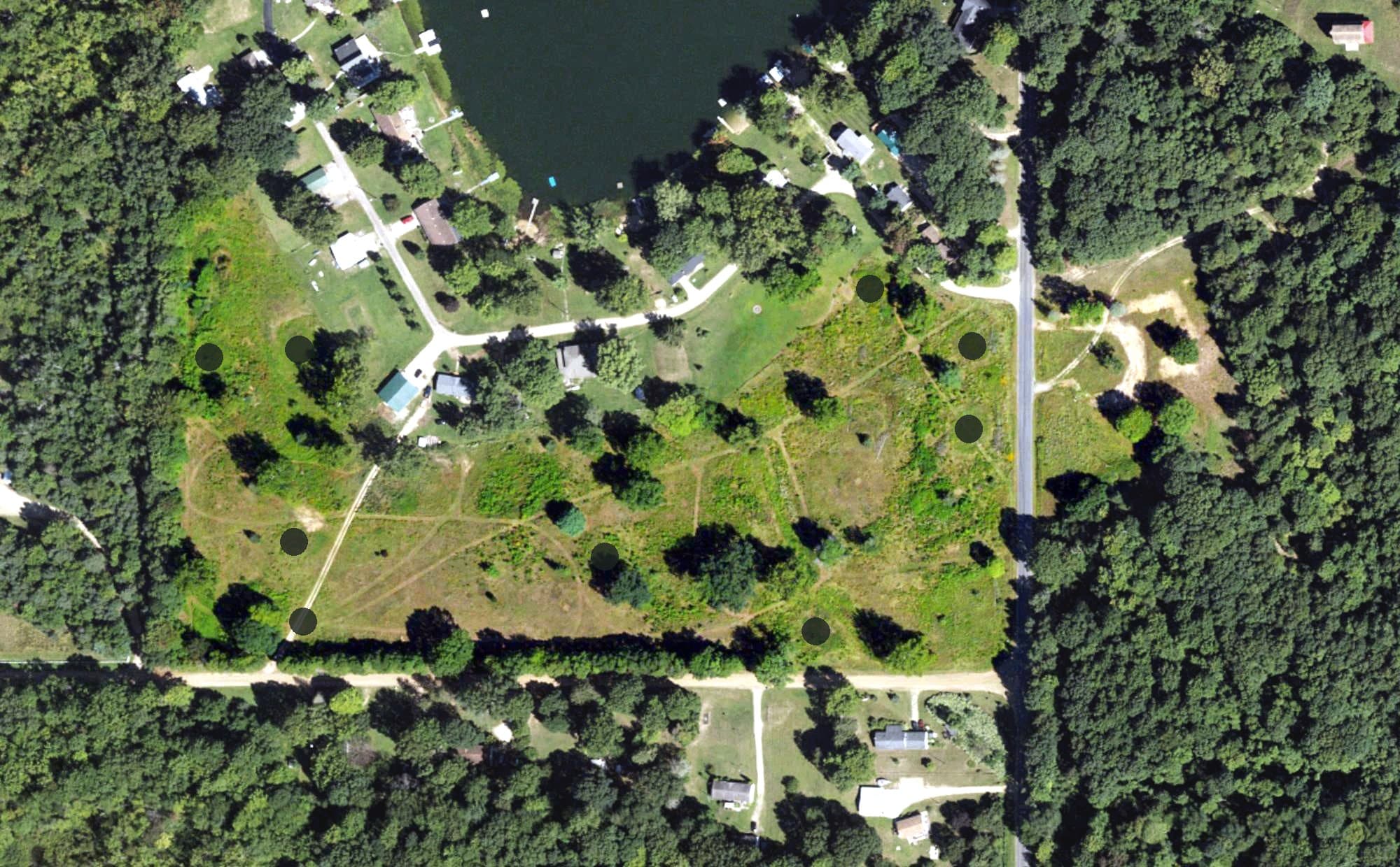 Aerial view of Jeptha Lake Golf Course, MI, with its hole routing marked