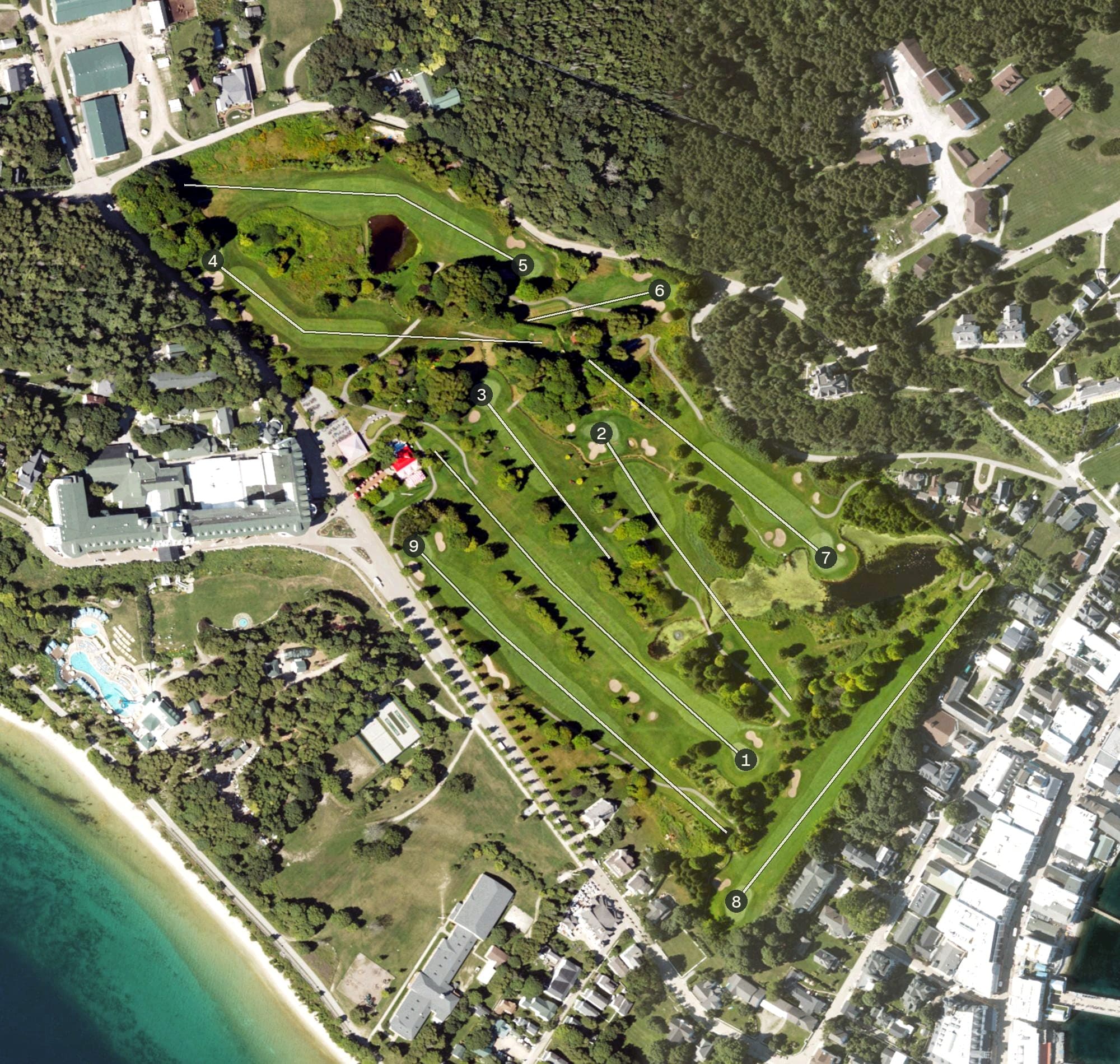 Aerial view of Jewel Golf Course - Grand Nine, MI, with its hole routing marked