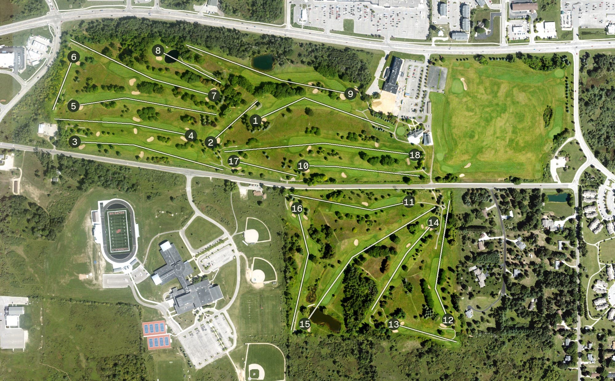 Aerial view of Katke Golf Course, MI, with its hole routing marked
