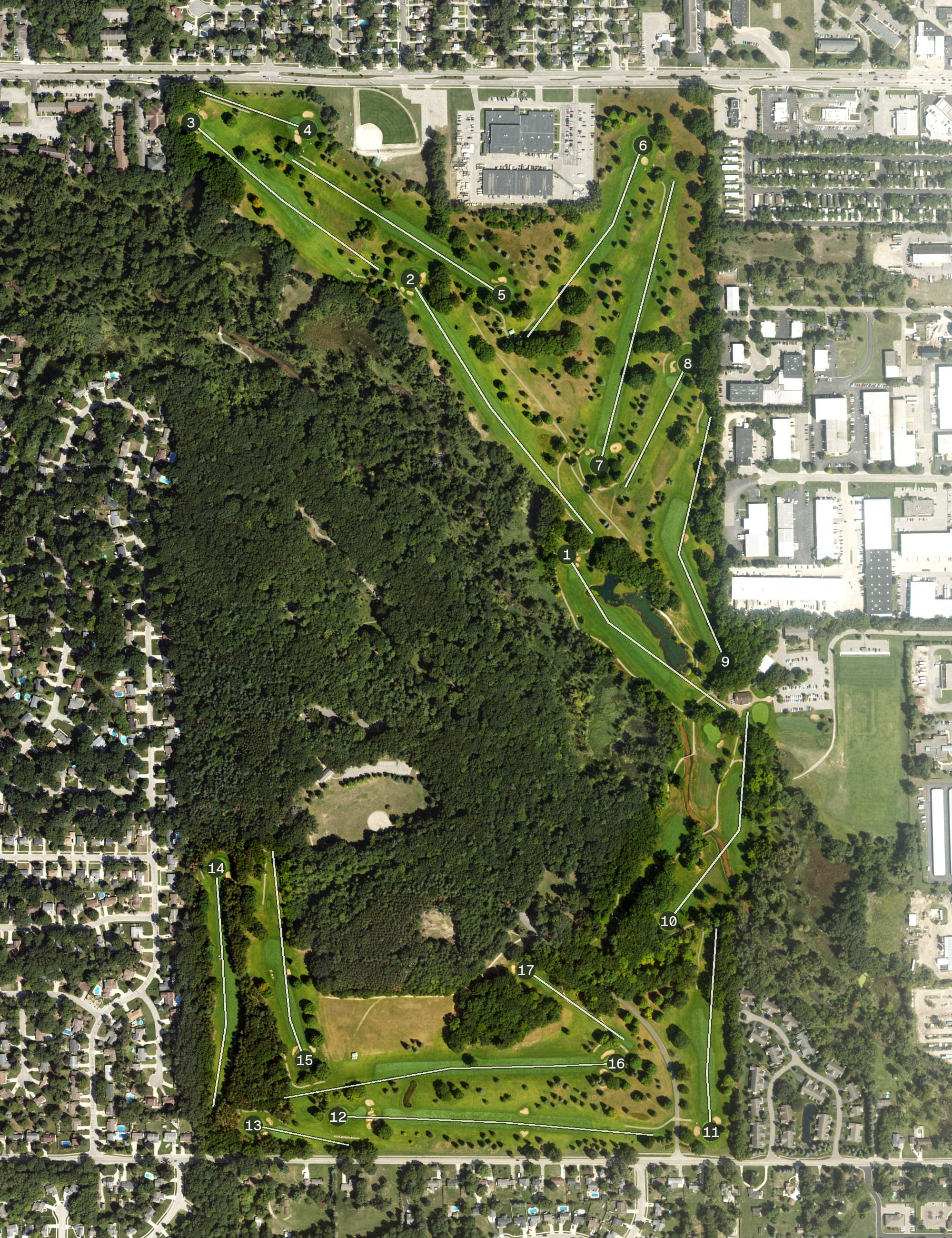 Aerial view of Kaufman Golf Course, MI, with its hole routing marked