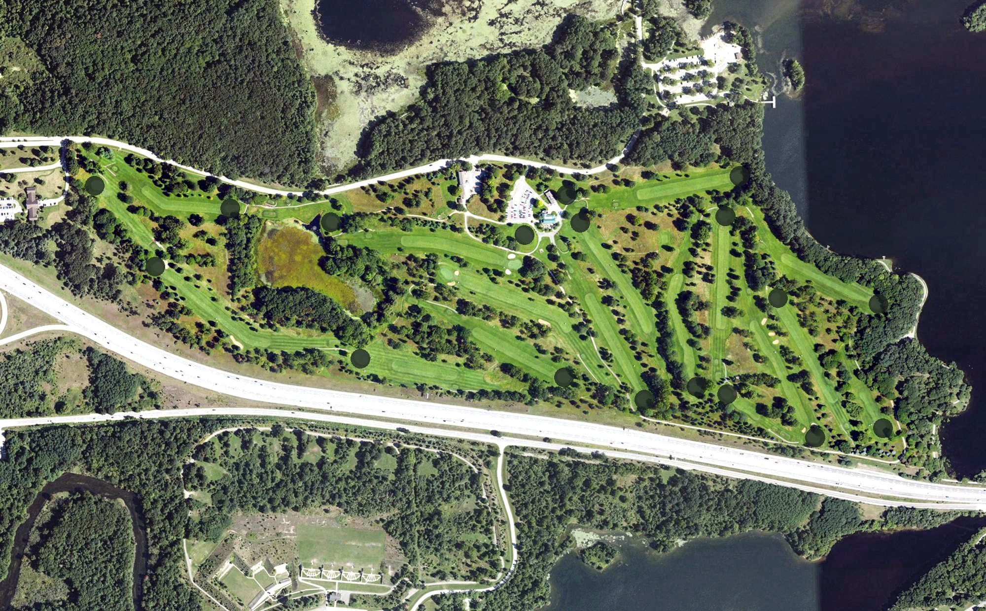 Aerial view of Kensington Metropark Golf Course, MI, with its hole routing marked