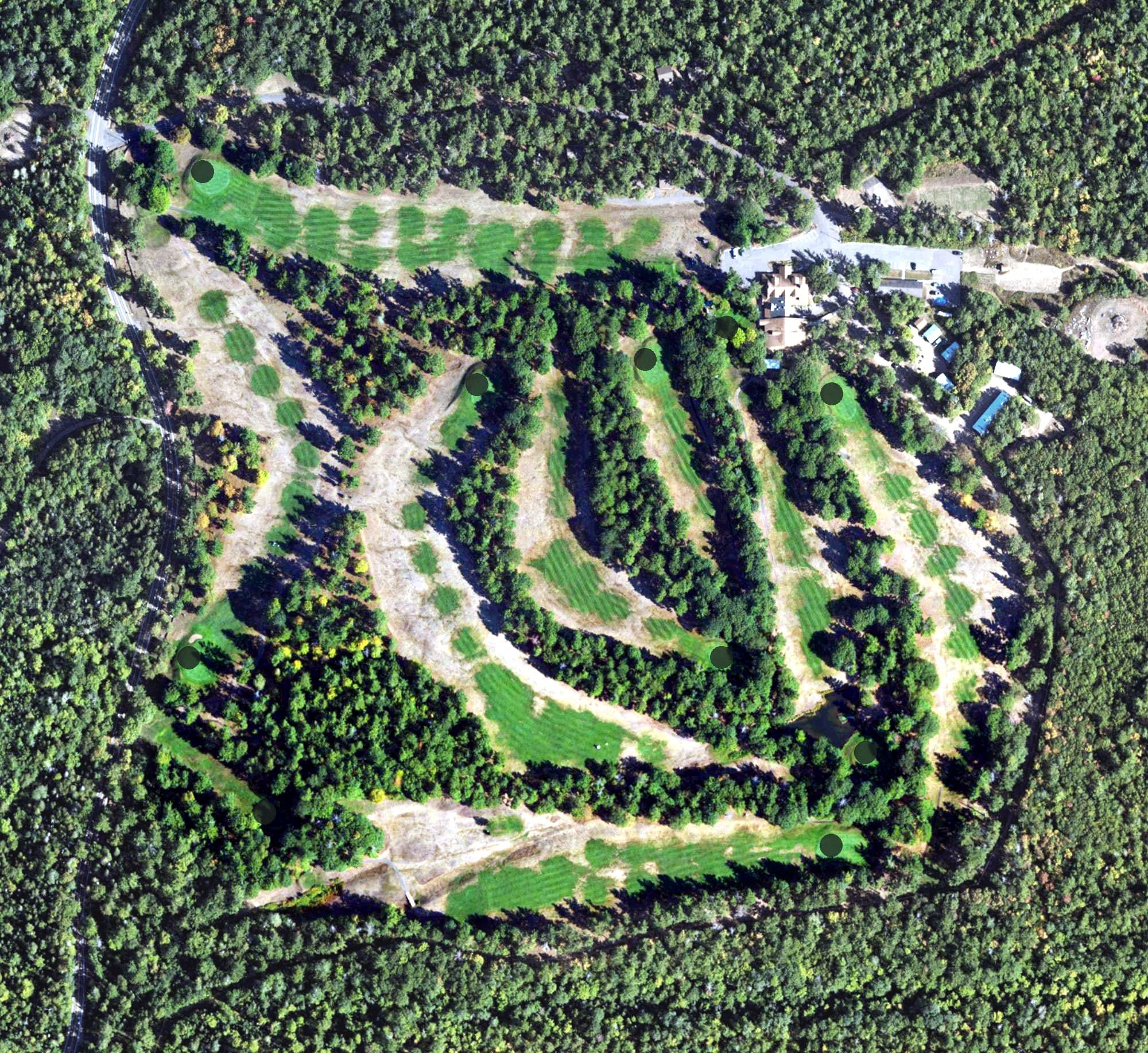 Aerial view of Keweenaw Mountain Lodge Golf Course, MI, with its hole routing marked