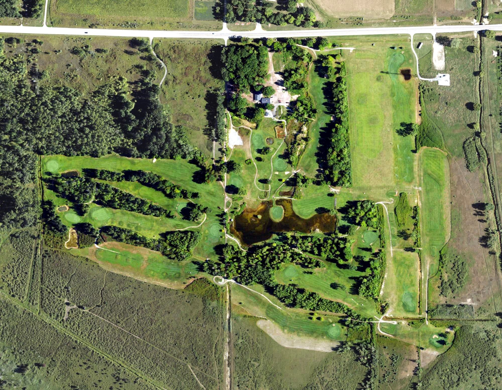 Aerial view of Knoll View Golf Course, MI, with its hole routing marked