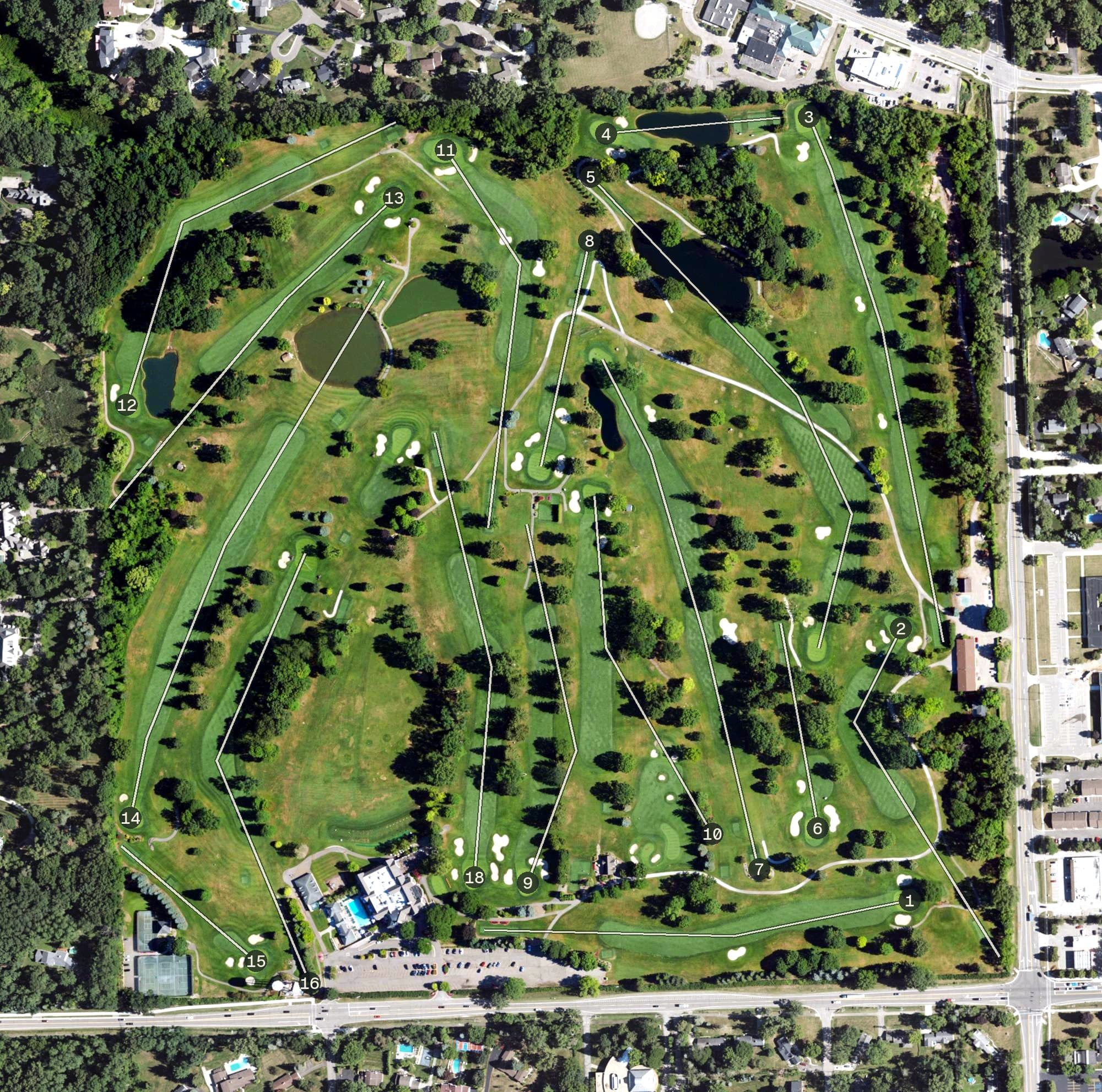 Aerial view of Knollwood Country Club, MI, with its hole routing marked