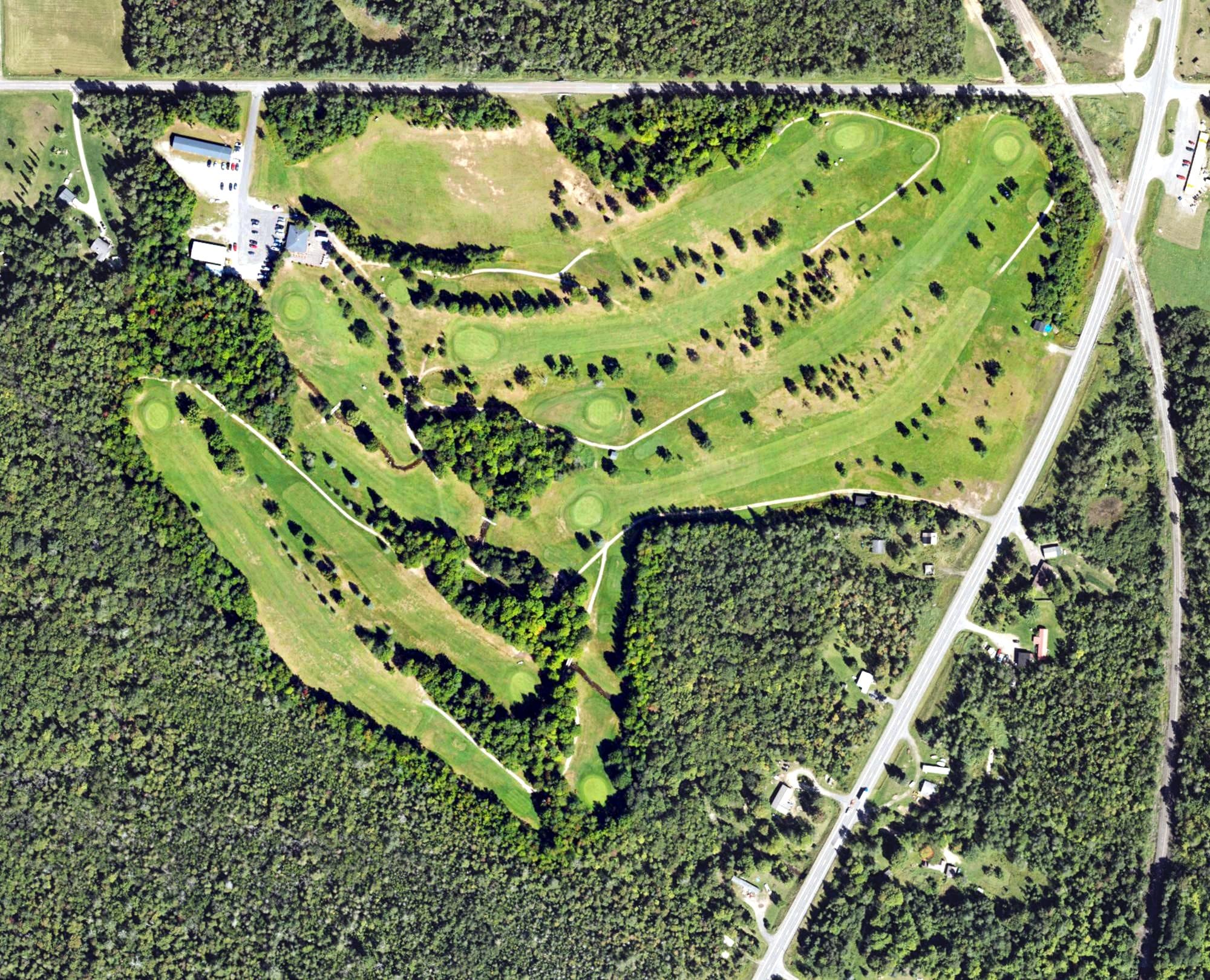 Aerial view of L'Anse Golf Club, MI, with its hole routing marked