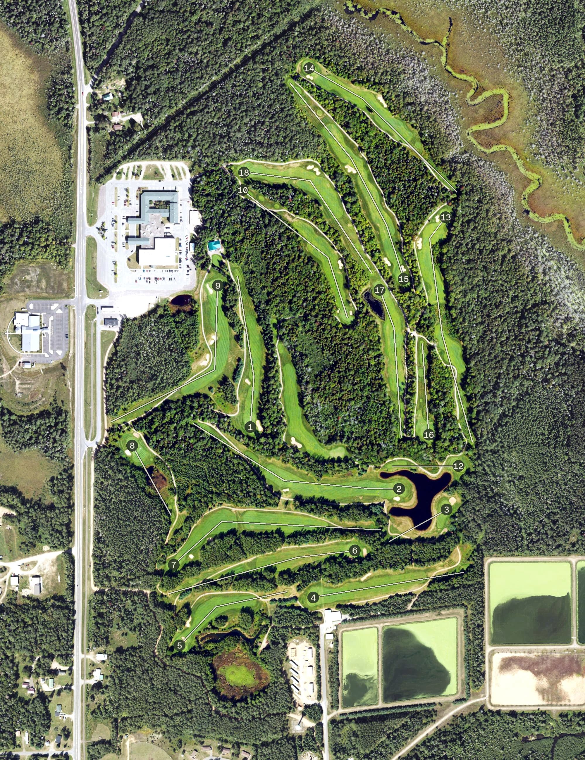 Aerial view of Lac Vieux Desert Golf Course, MI, with its hole routing marked