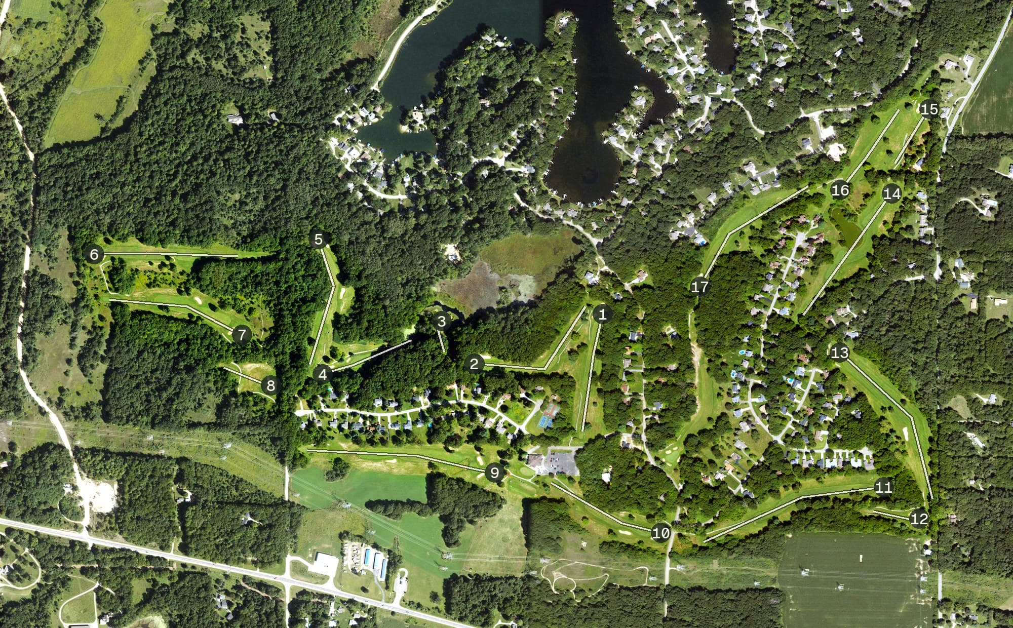 Aerial view of Lake Doster Golf Club, MI, with its hole routing marked