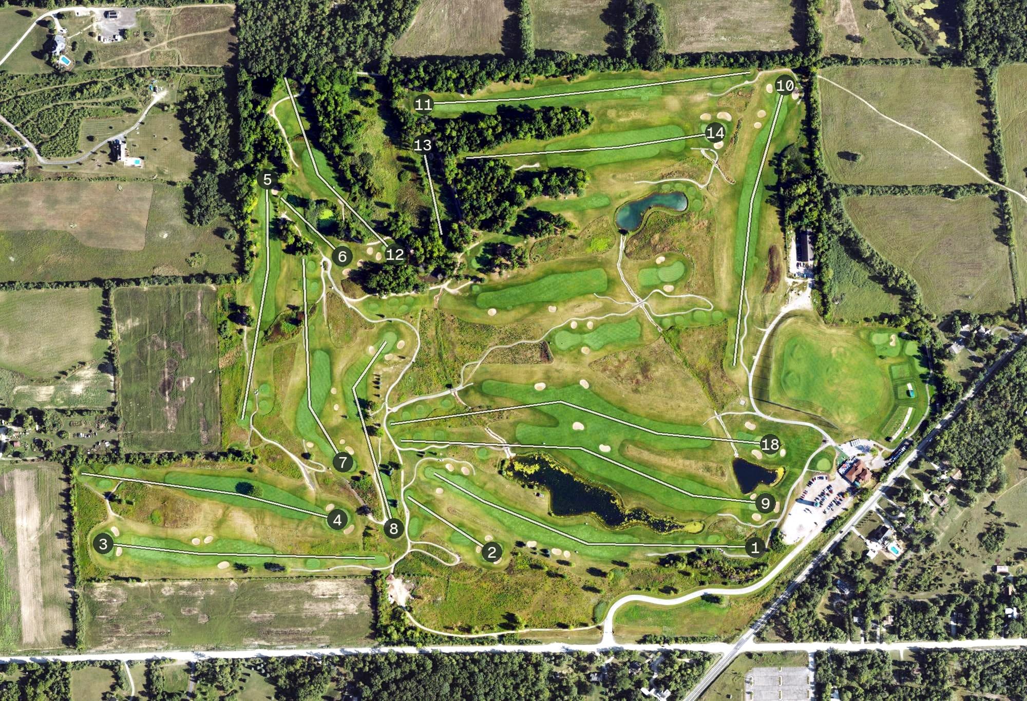 Aerial view of Lake Forest Golf Club, MI, with its hole routing marked