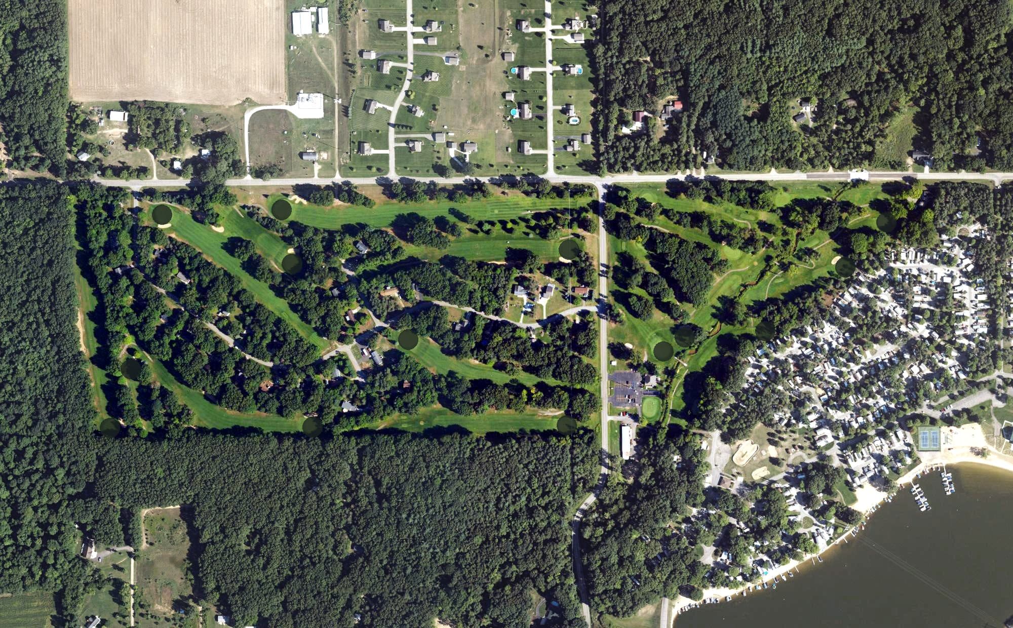 Aerial view of Lake Monterey Golf Course, MI, with its hole routing marked