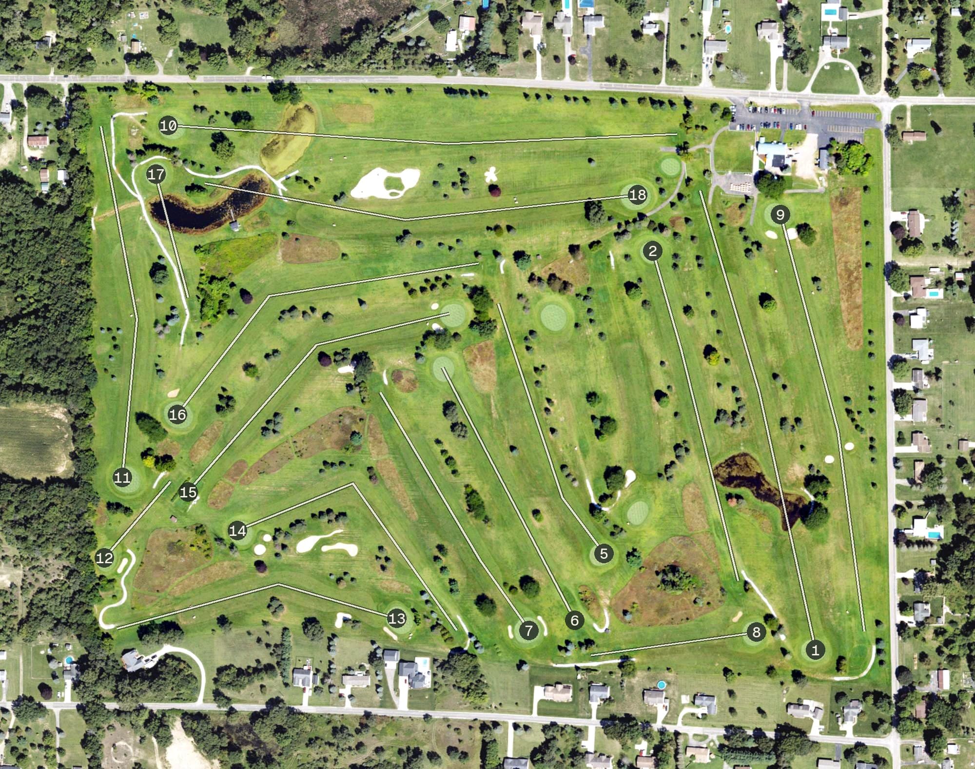 Aerial view of Lakeland Hills Golf Course, MI, with its hole routing marked