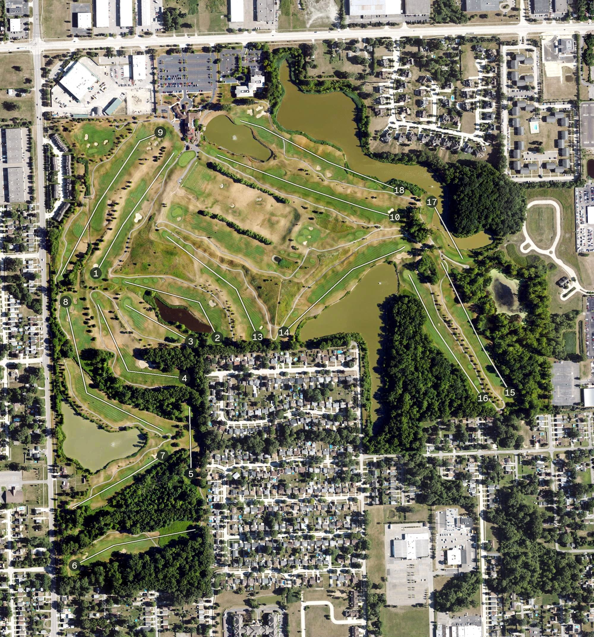 Aerial view of Lakes of Taylor Golf Club, MI, with its hole routing marked