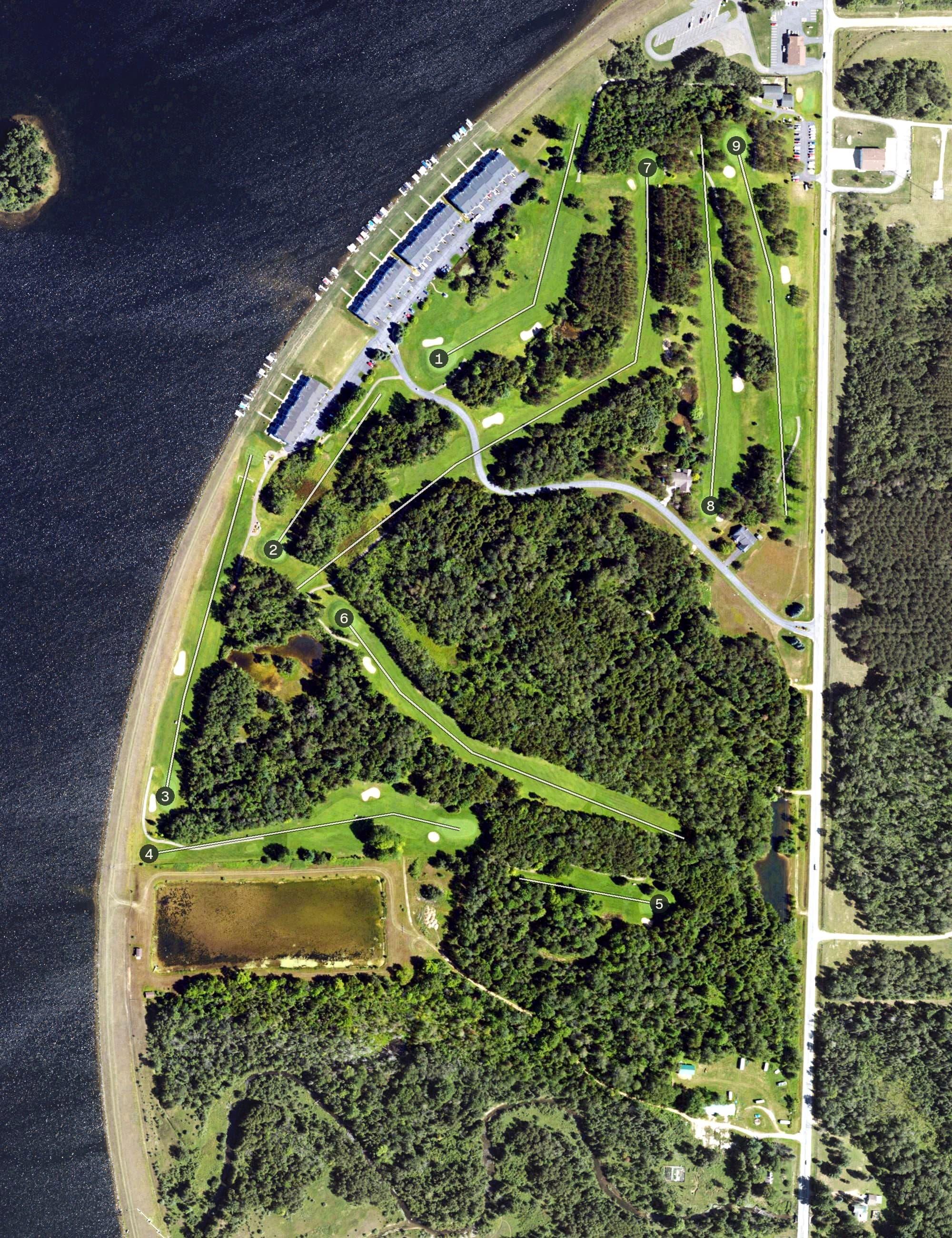 Aerial view of Lakeside Golf Course, MI, with its hole routing marked