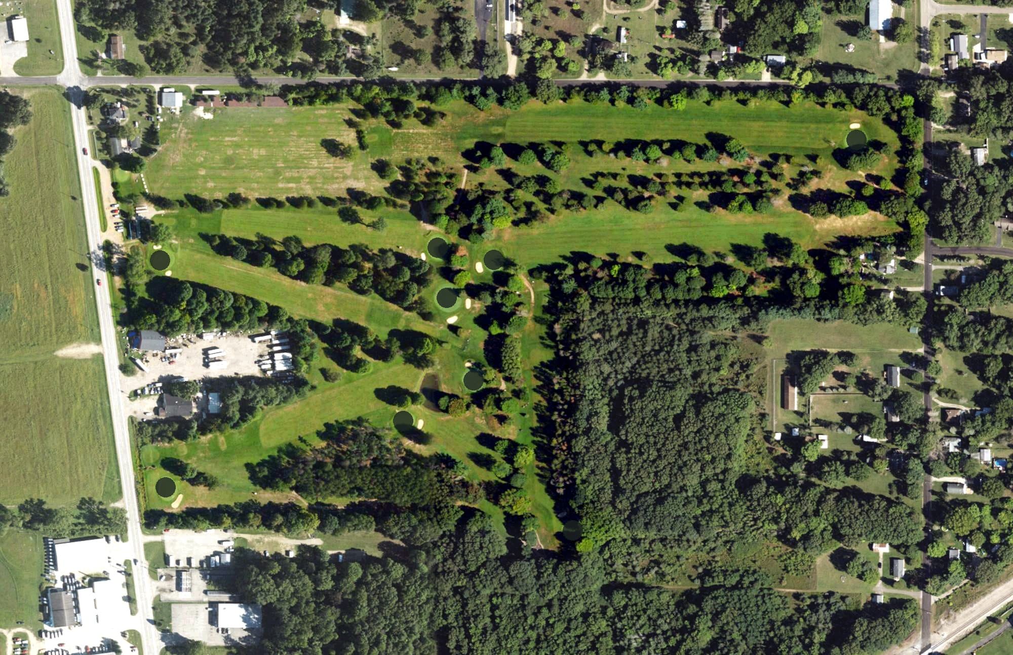 Aerial view of Lawton Golf Club, MI, with its hole routing marked