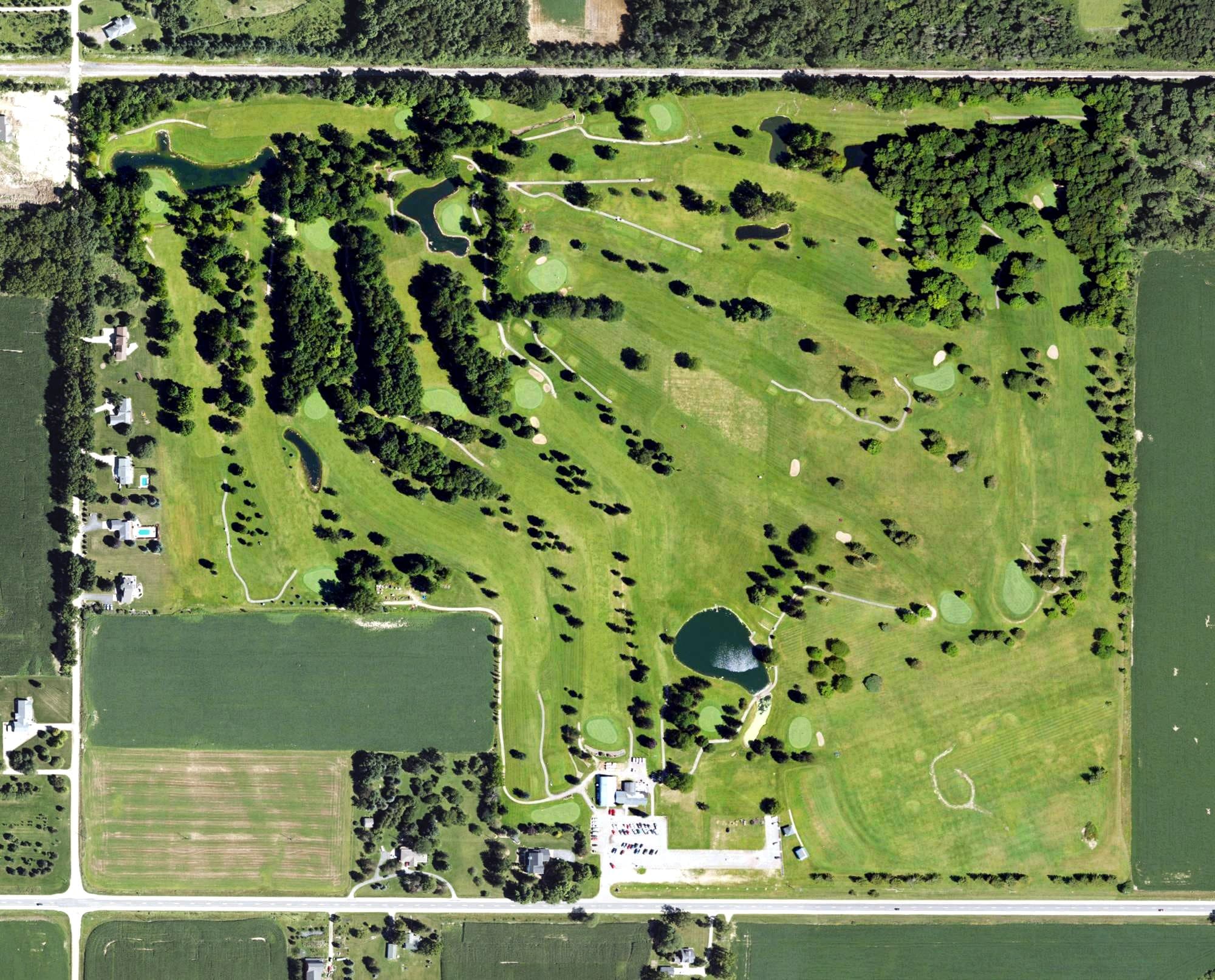 Aerial view of Ledge Meadows Golf Course, MI, with its hole routing marked