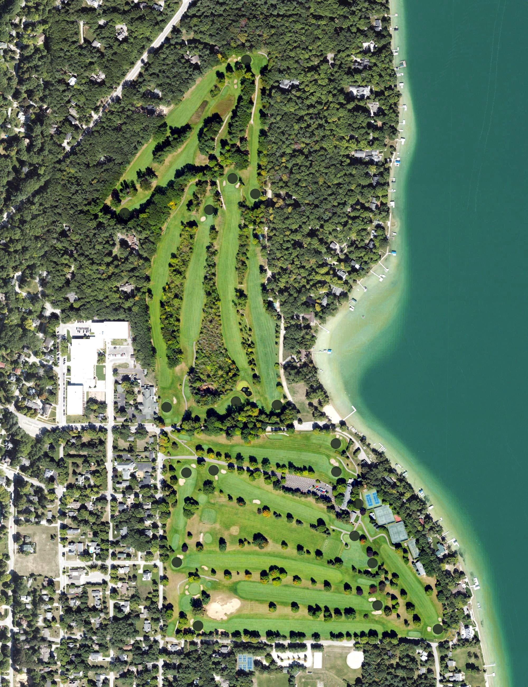 Aerial view of Leland Country Club, MI, with its hole routing marked