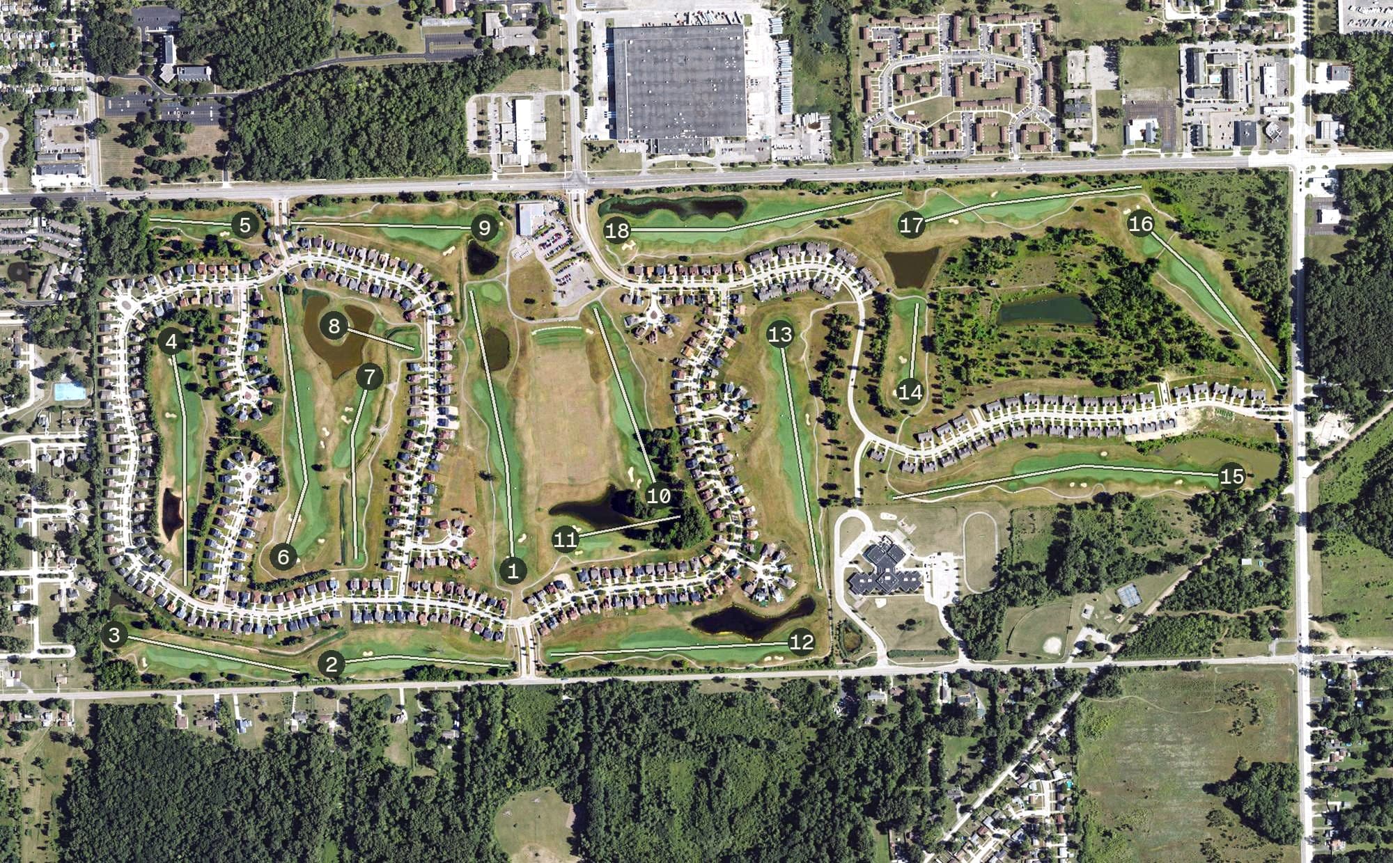 Aerial view of Links at Gateway, MI, with its hole routing marked