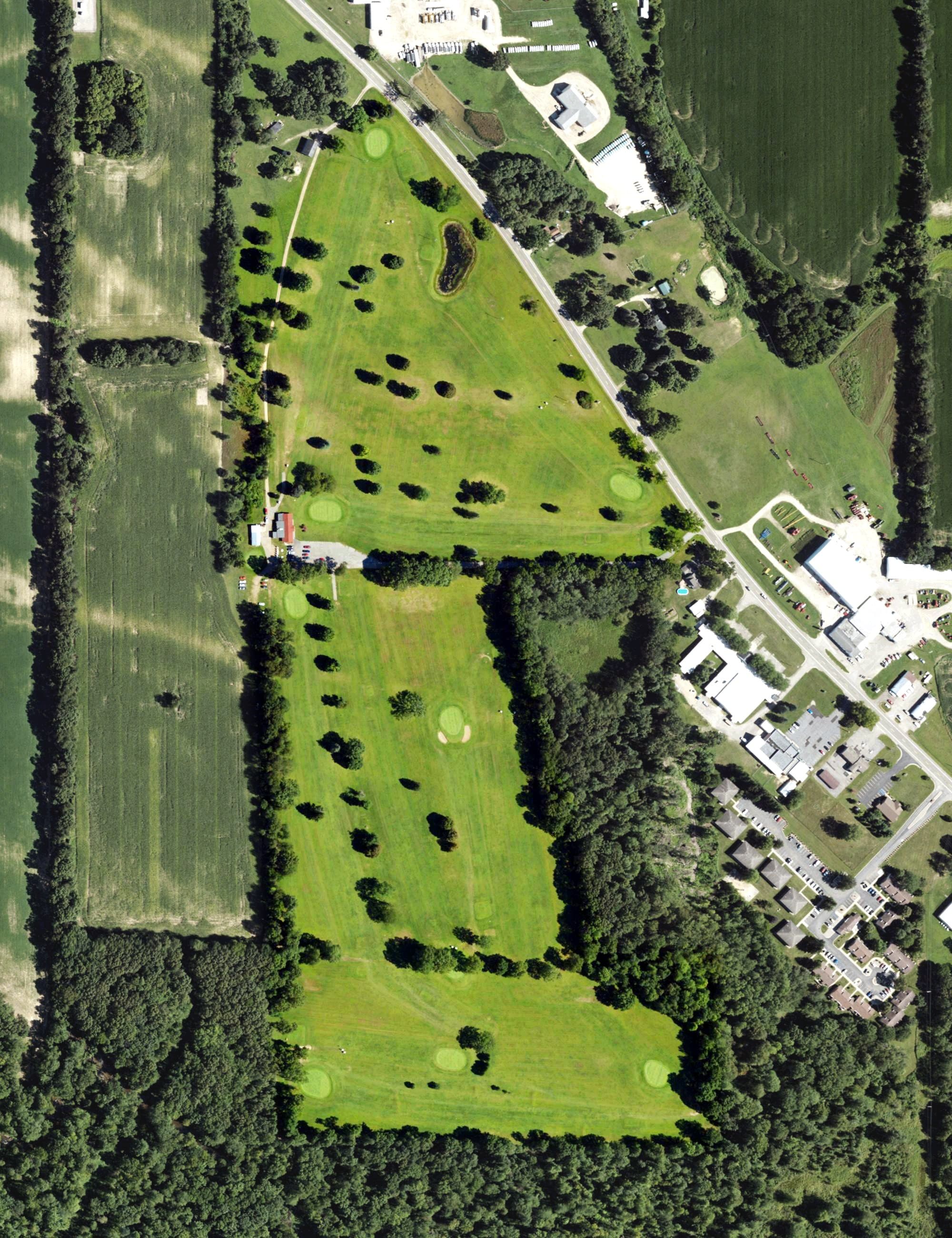 Aerial view of Litchfield Greens, MI, with its hole routing marked