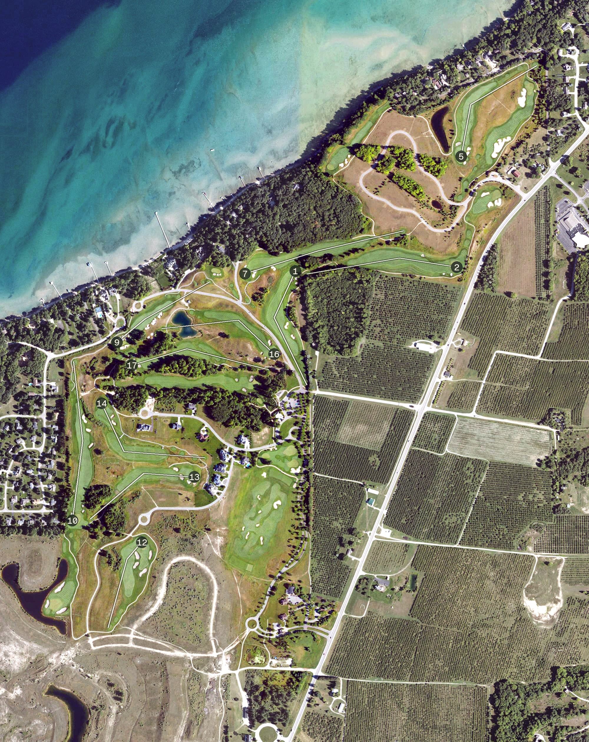 Aerial view of LochenHeath Golf Club, MI, with its hole routing marked
