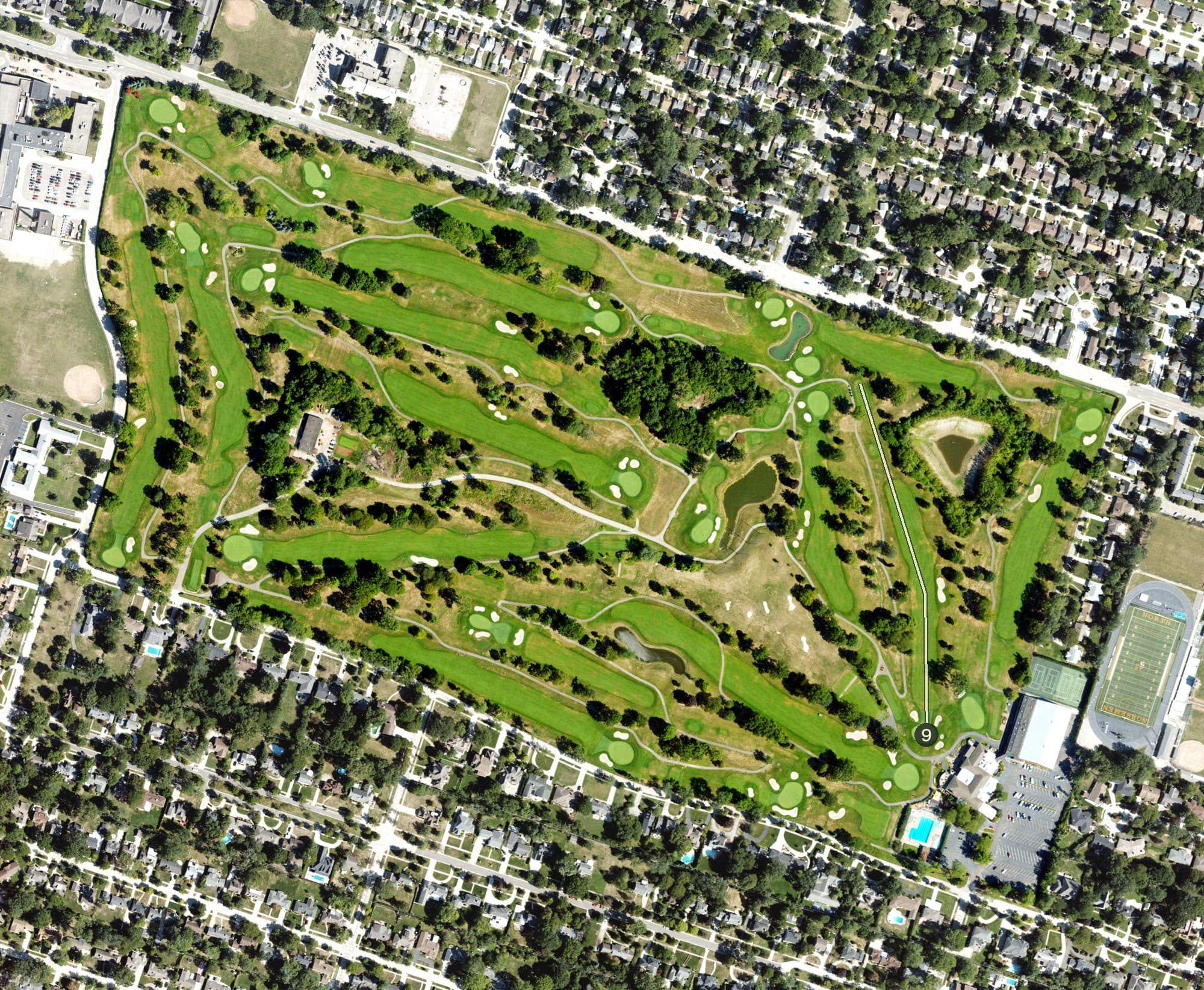 Aerial view of Lochmoor Club, MI, with its hole routing marked
