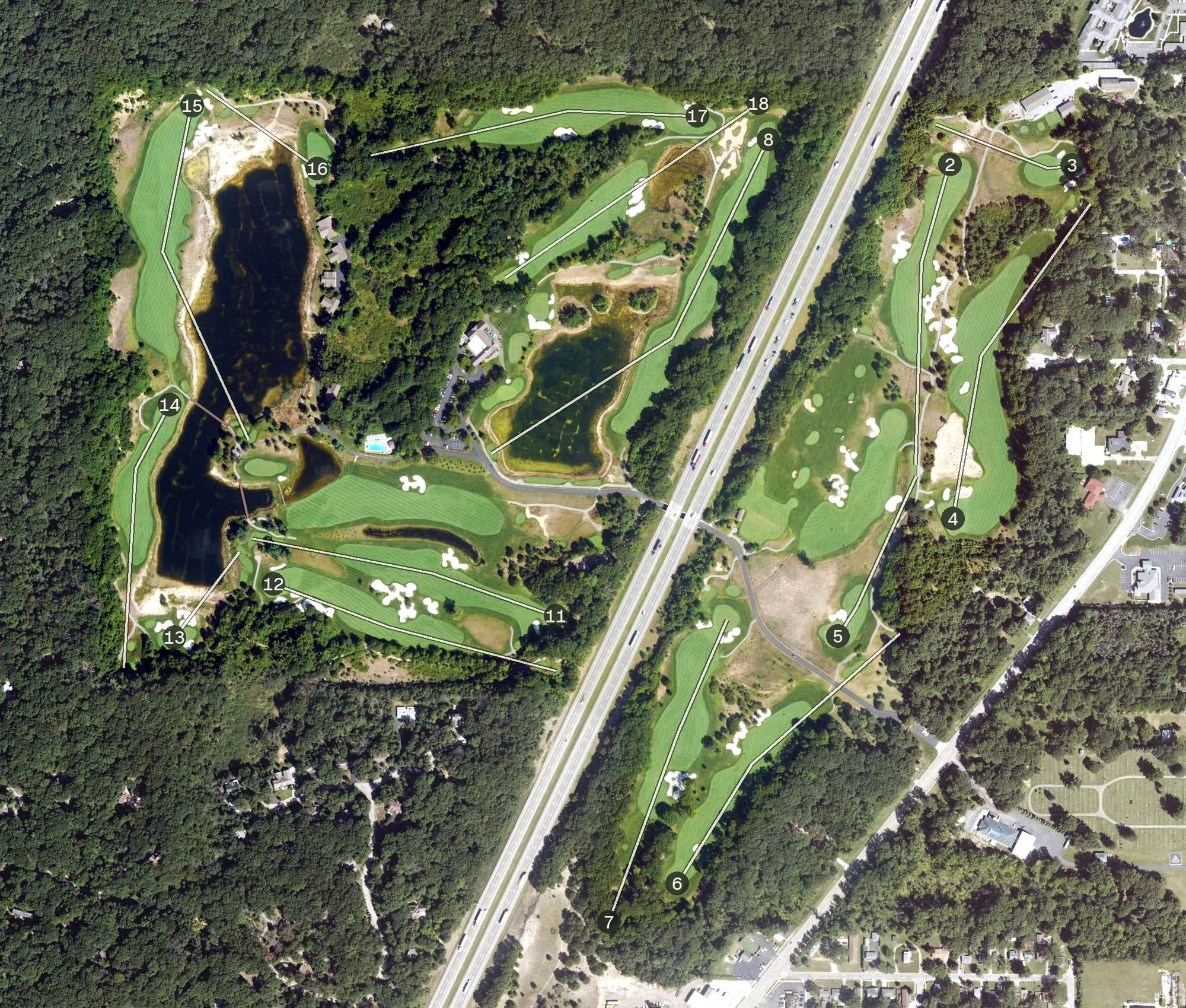 Aerial view of Lost Dunes, MI, with its hole routing marked