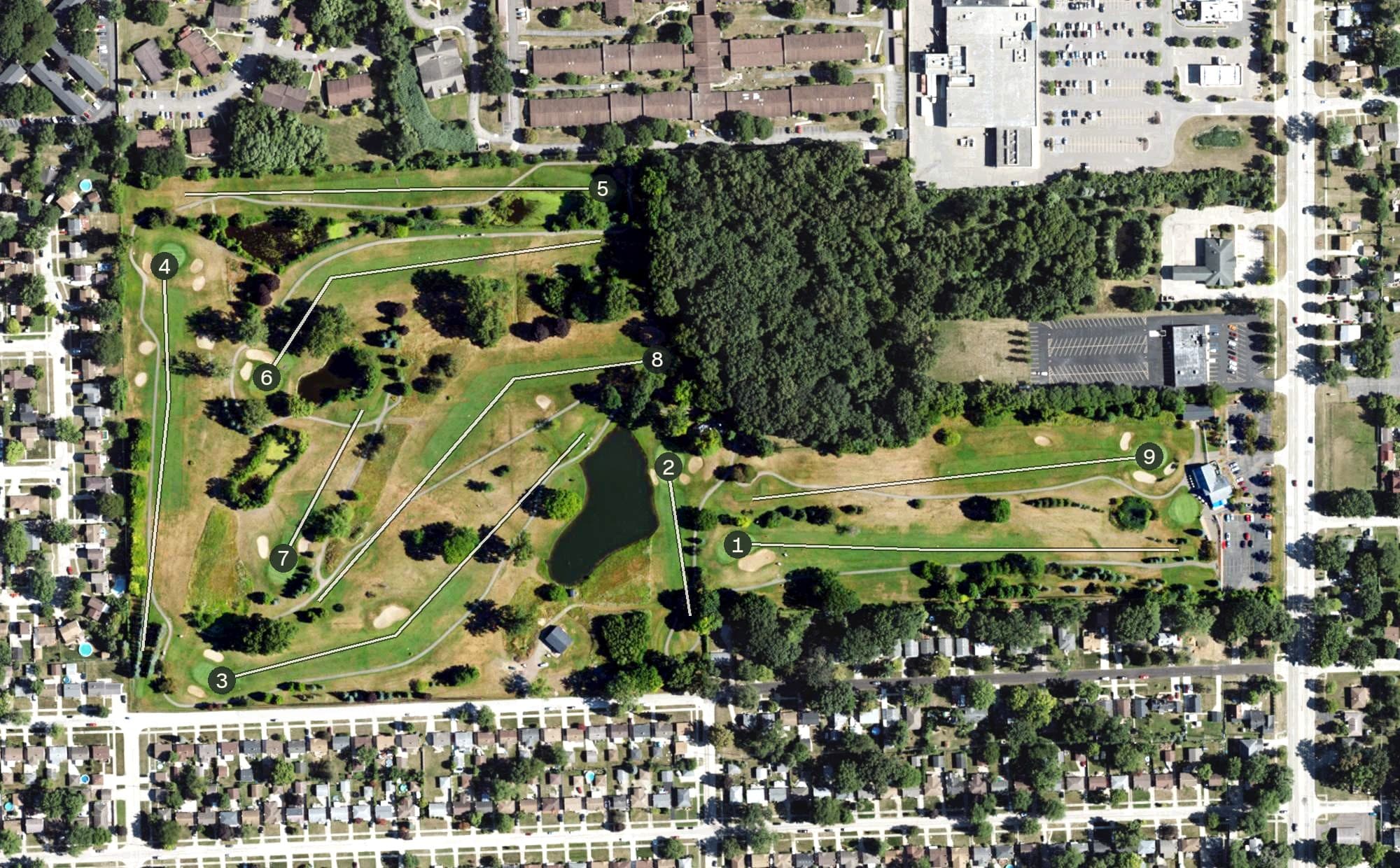 Aerial view of Mack Mayfield Municipal Golf Course, MI, with its hole routing marked