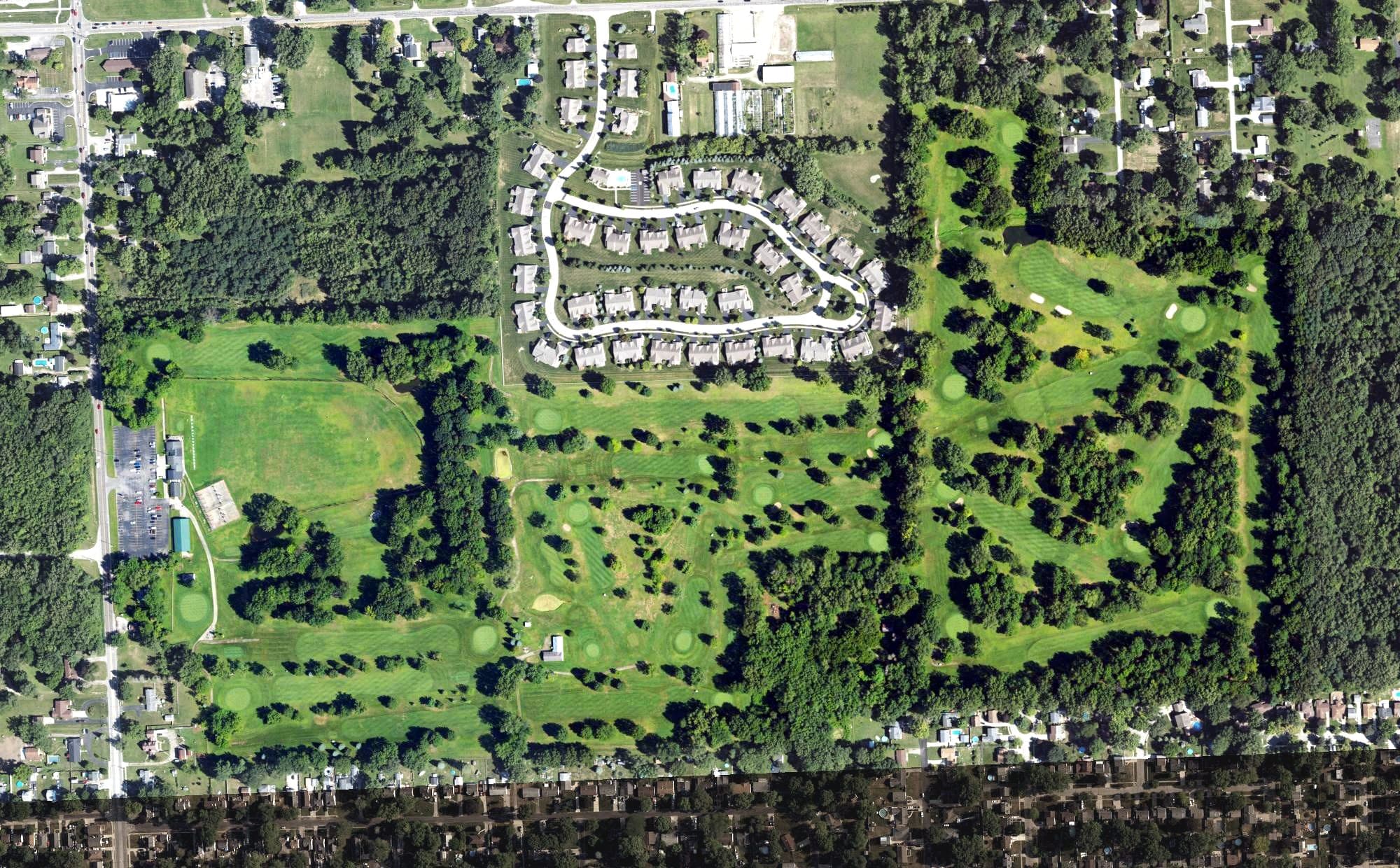 Aerial view of Maple Grove Golf Course, MI, with its hole routing marked