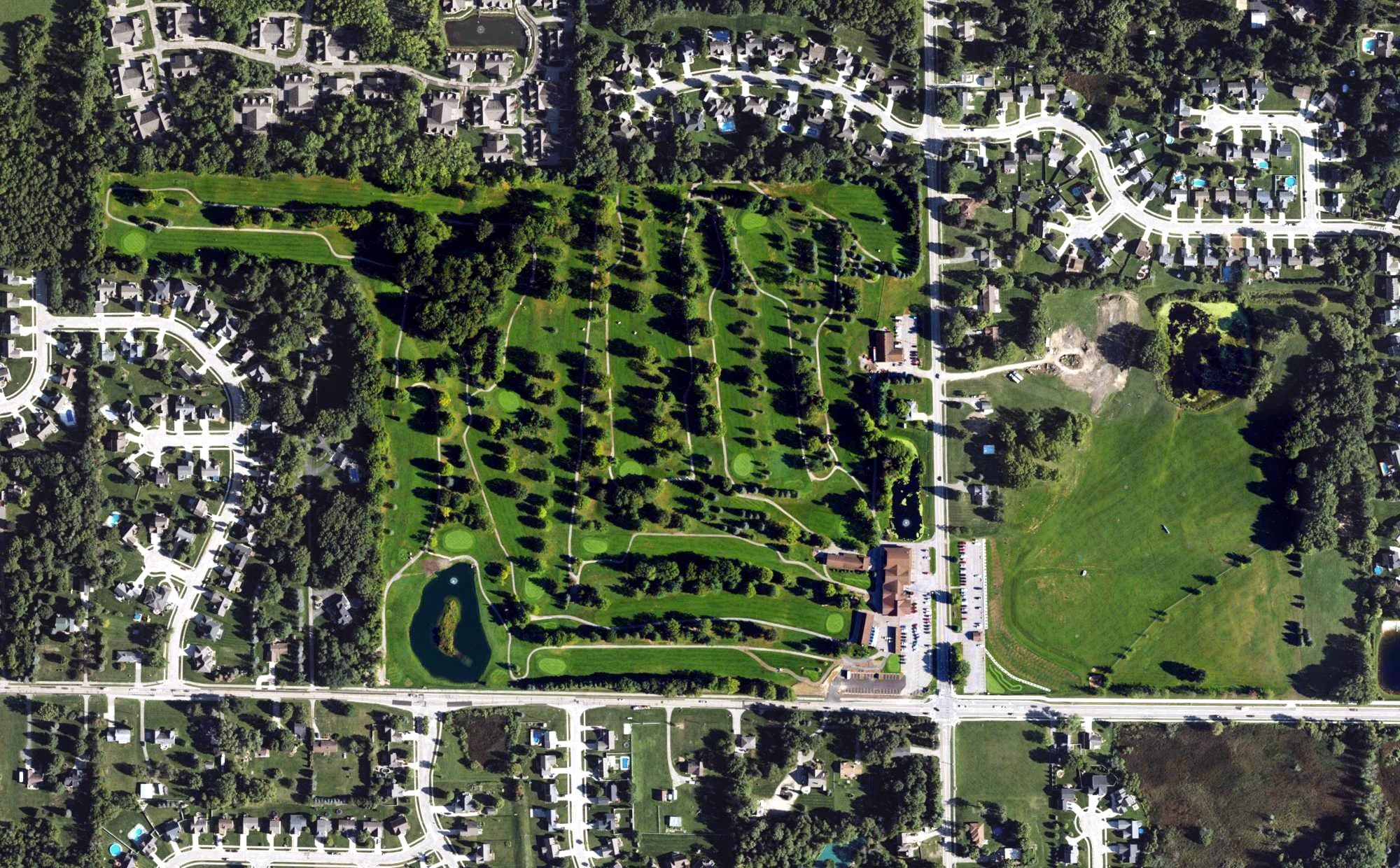 Aerial view of Maple Hill Golf Course, MI, with its hole routing marked