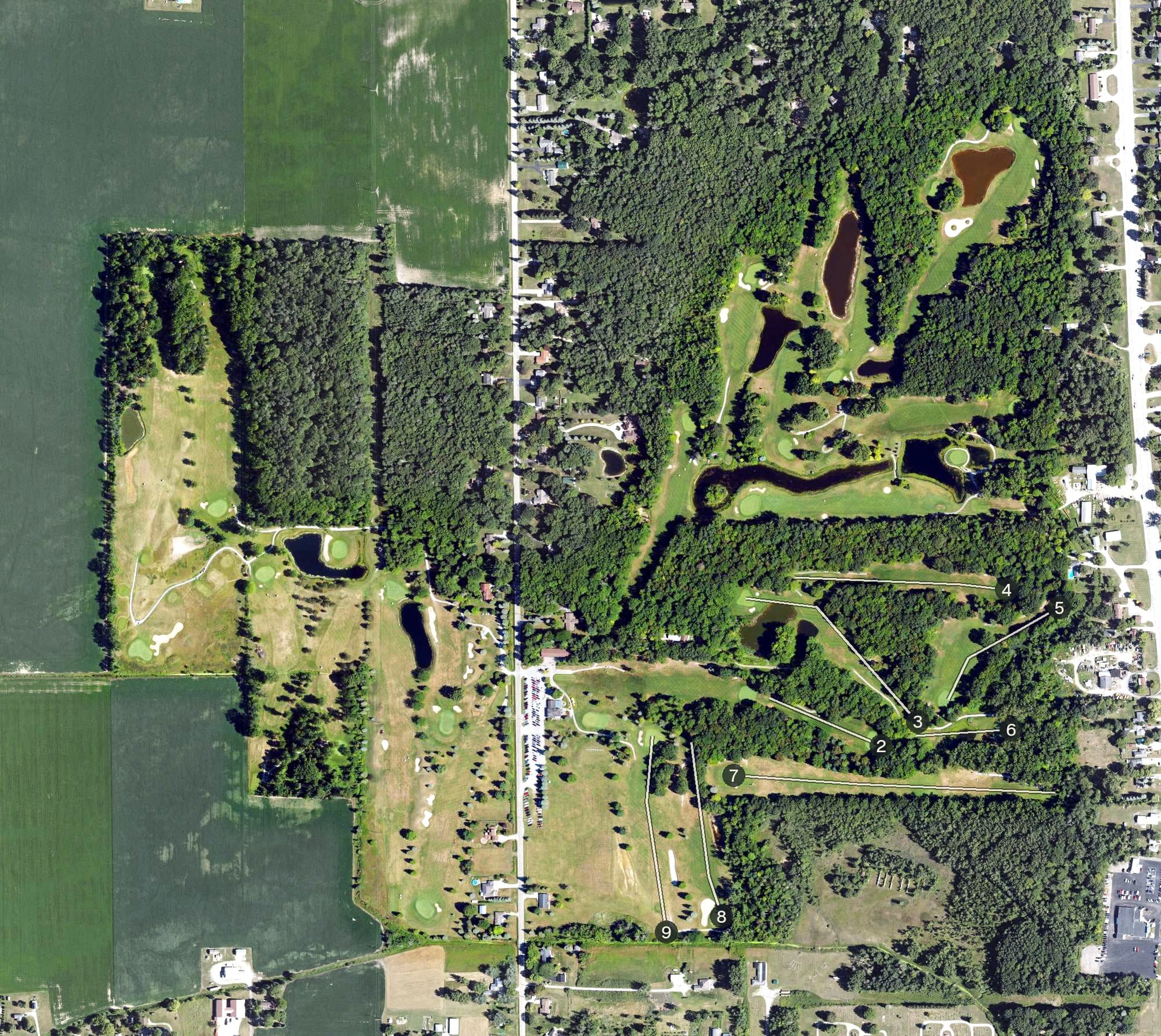 Aerial view of Maple Leaf Golf Course, MI, with its hole routing marked