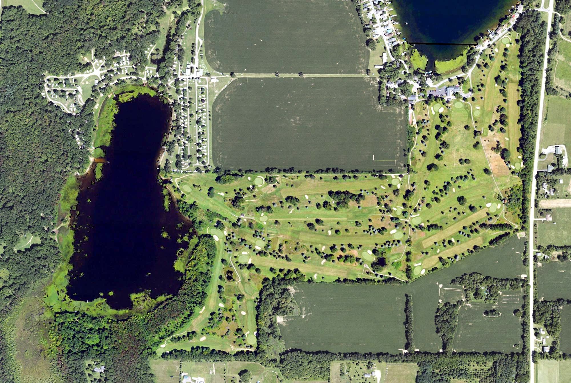 Aerial view of Marshall Country Club, MI, with its hole routing marked