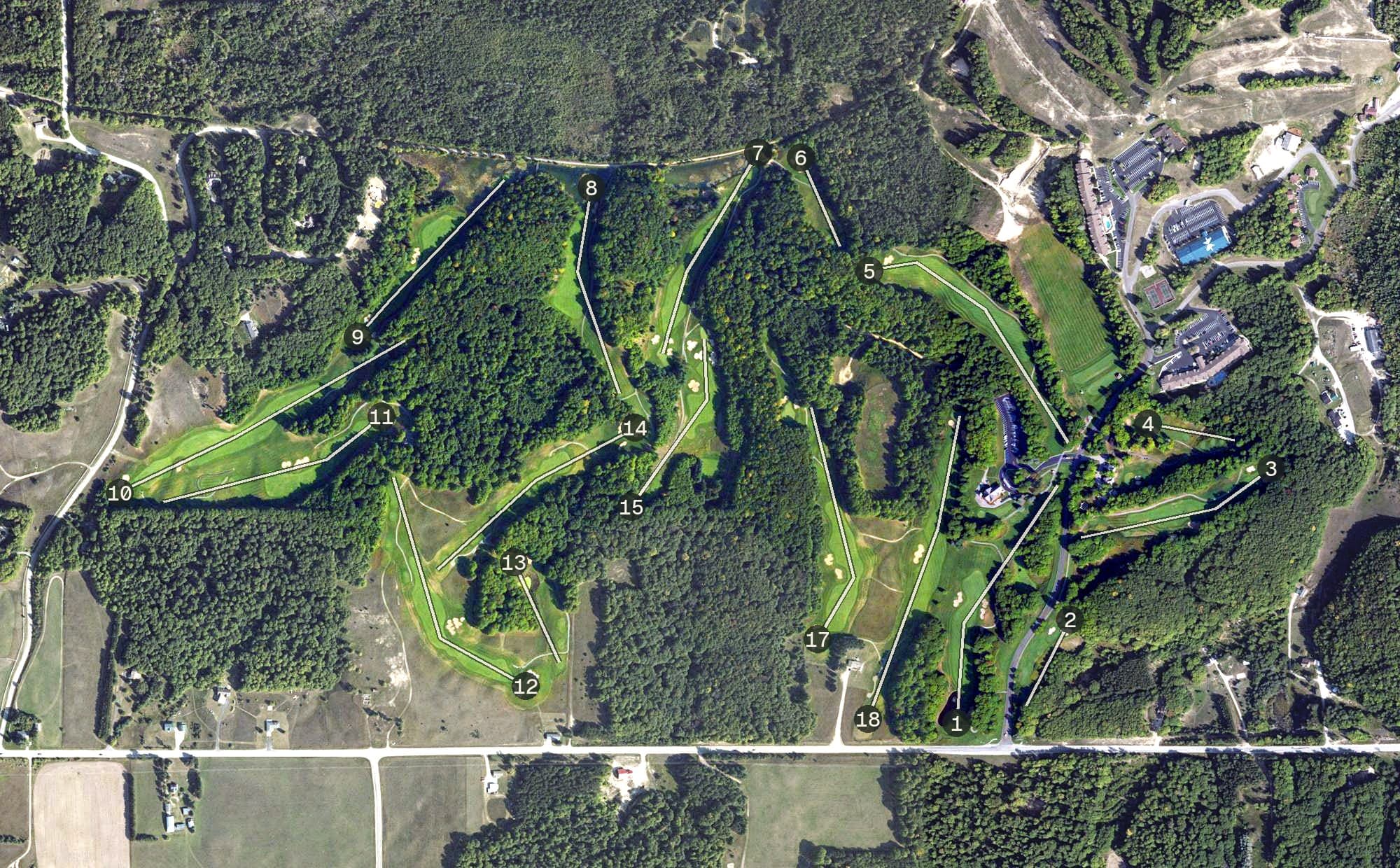 Aerial view of Masterpiece, MI, with its hole routing marked