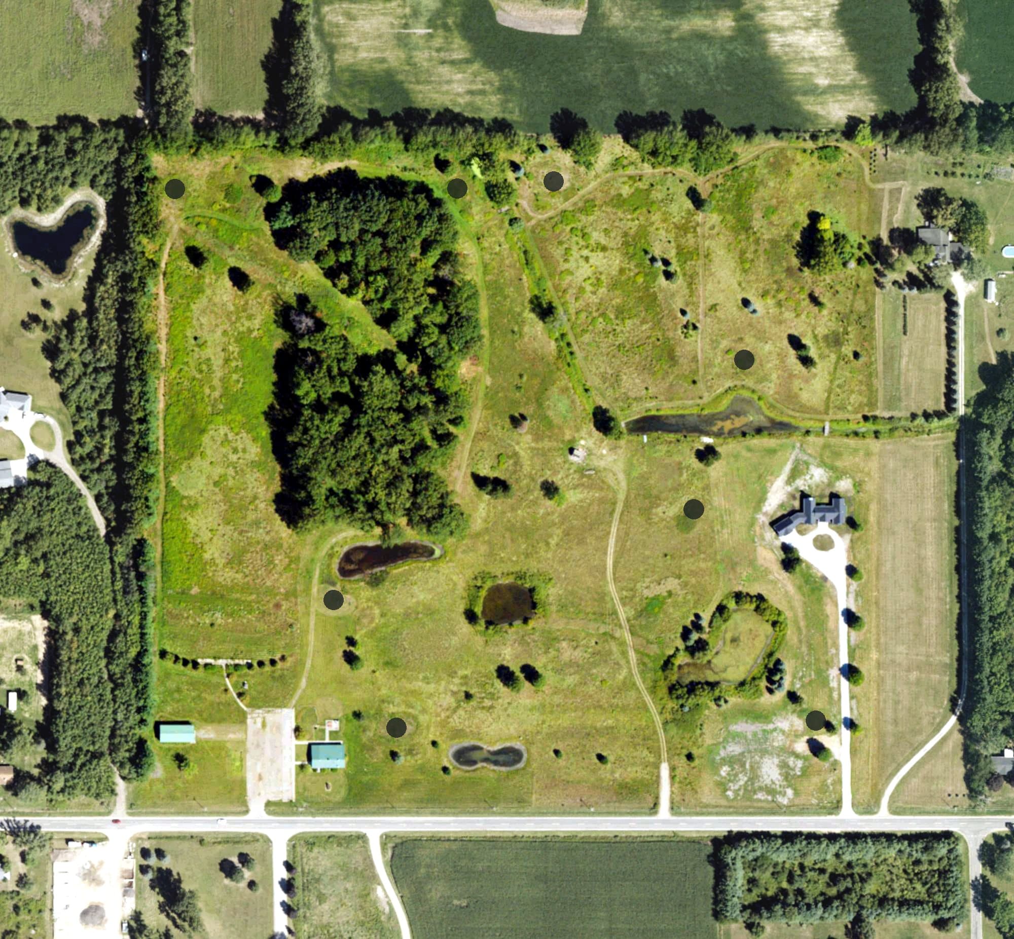 Aerial view of Milan Creek Golf Course, MI, with its hole routing marked