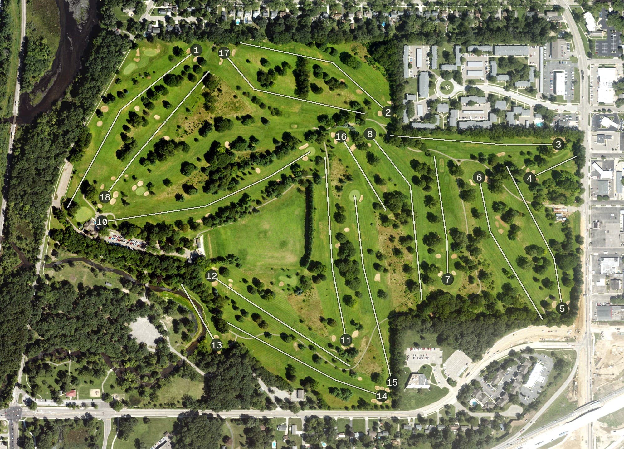 Aerial view of Milham Park Golf Club, MI, with its hole routing marked