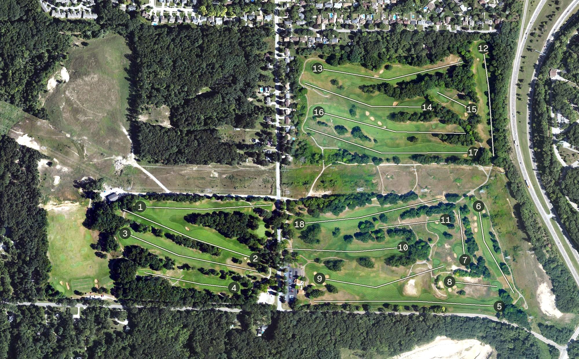 Aerial view of Mines Golf Course, MI, with its hole routing marked