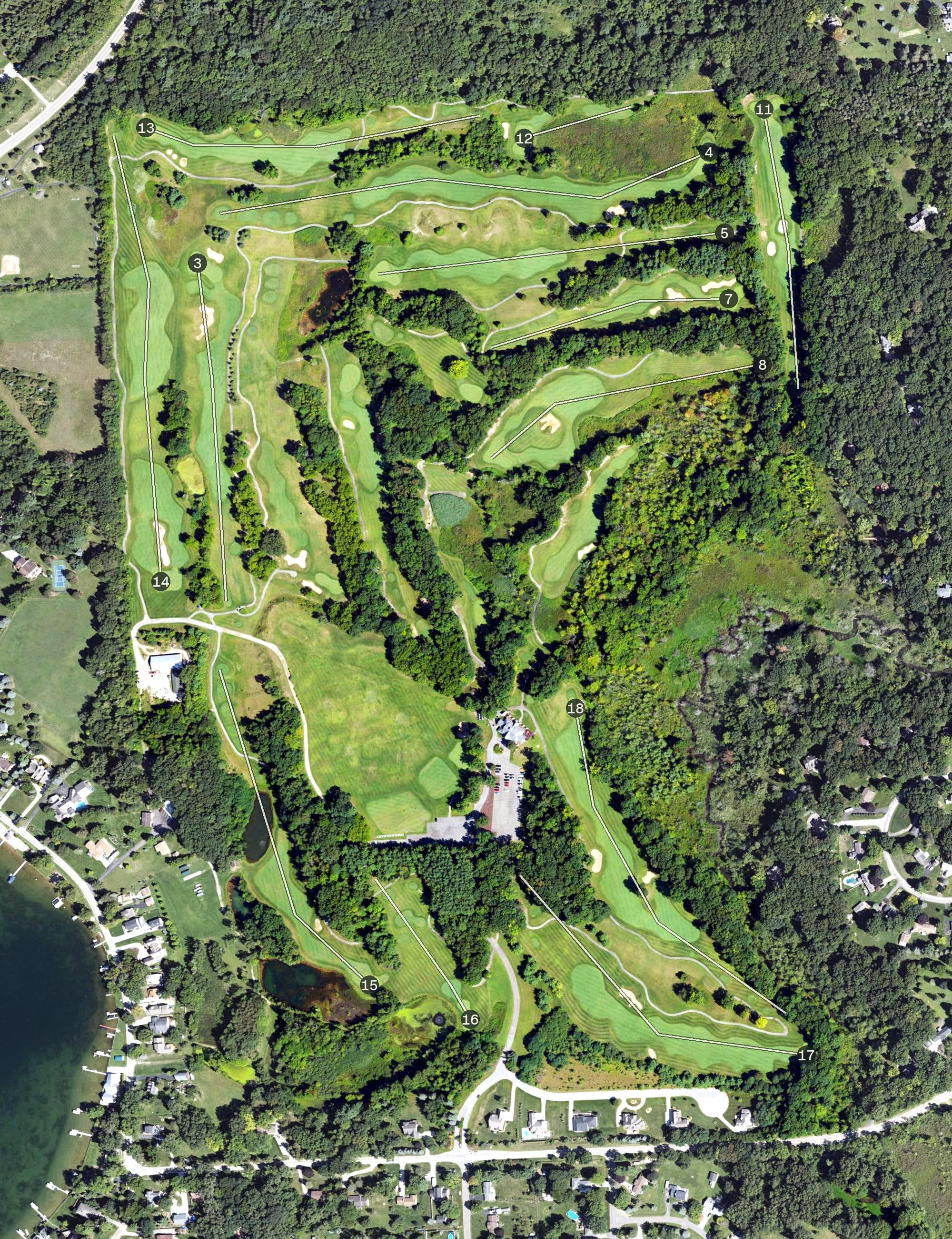 Aerial view of Moose Ridge Golf Course, MI, with its hole routing marked