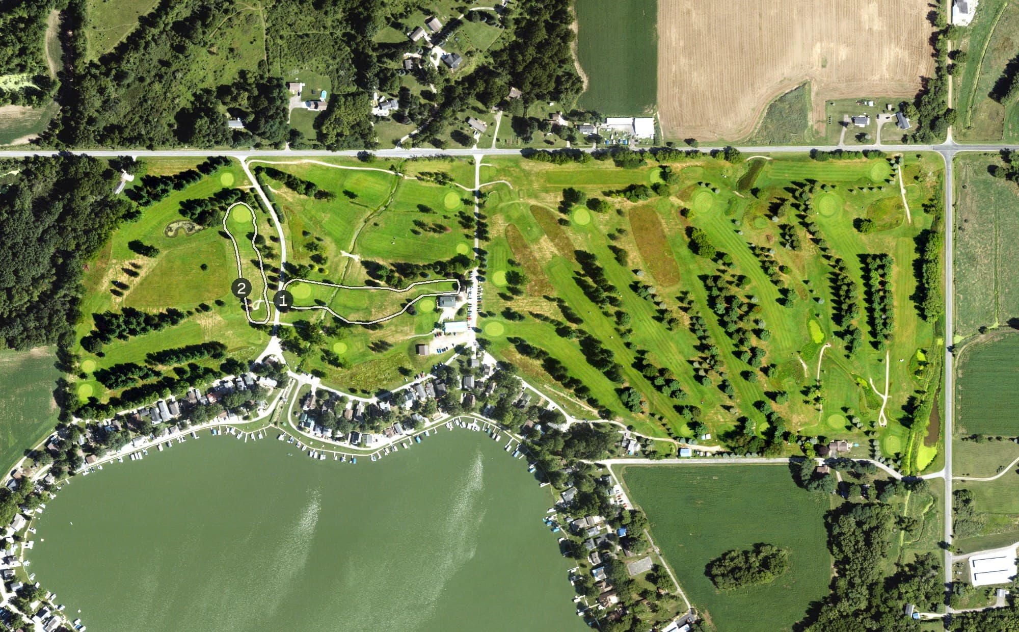 Aerial view of Morrison Lake Golf Club, MI, with its hole routing marked
