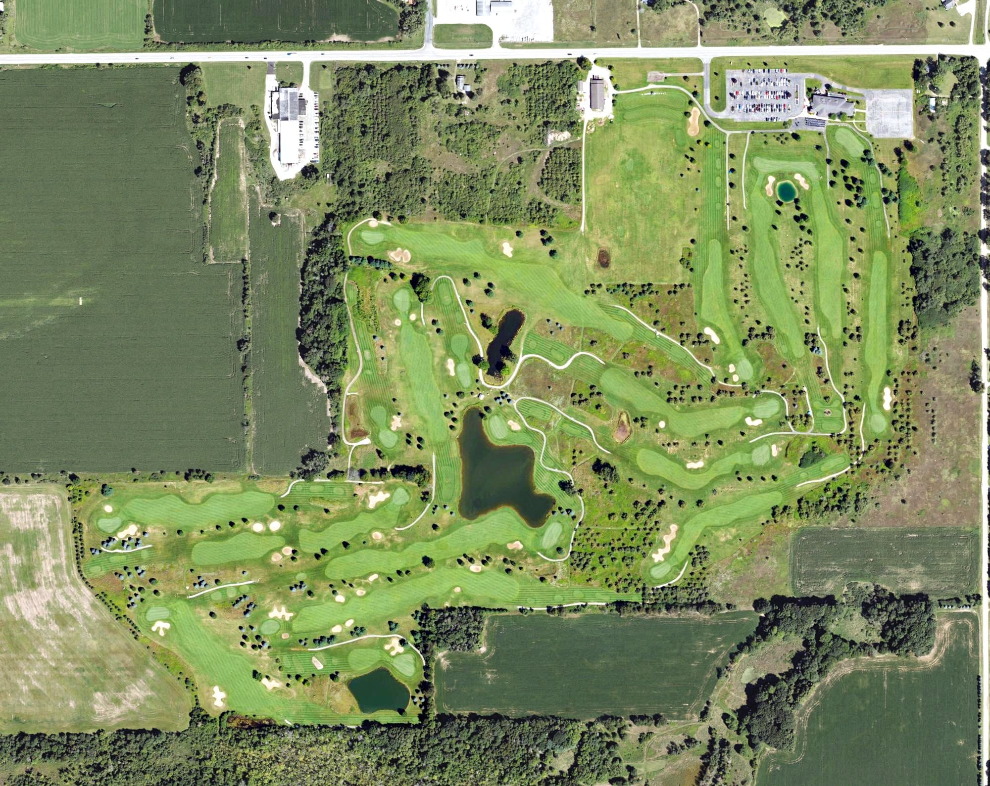 Aerial view of Moss Ridge, MI, with its hole routing marked
