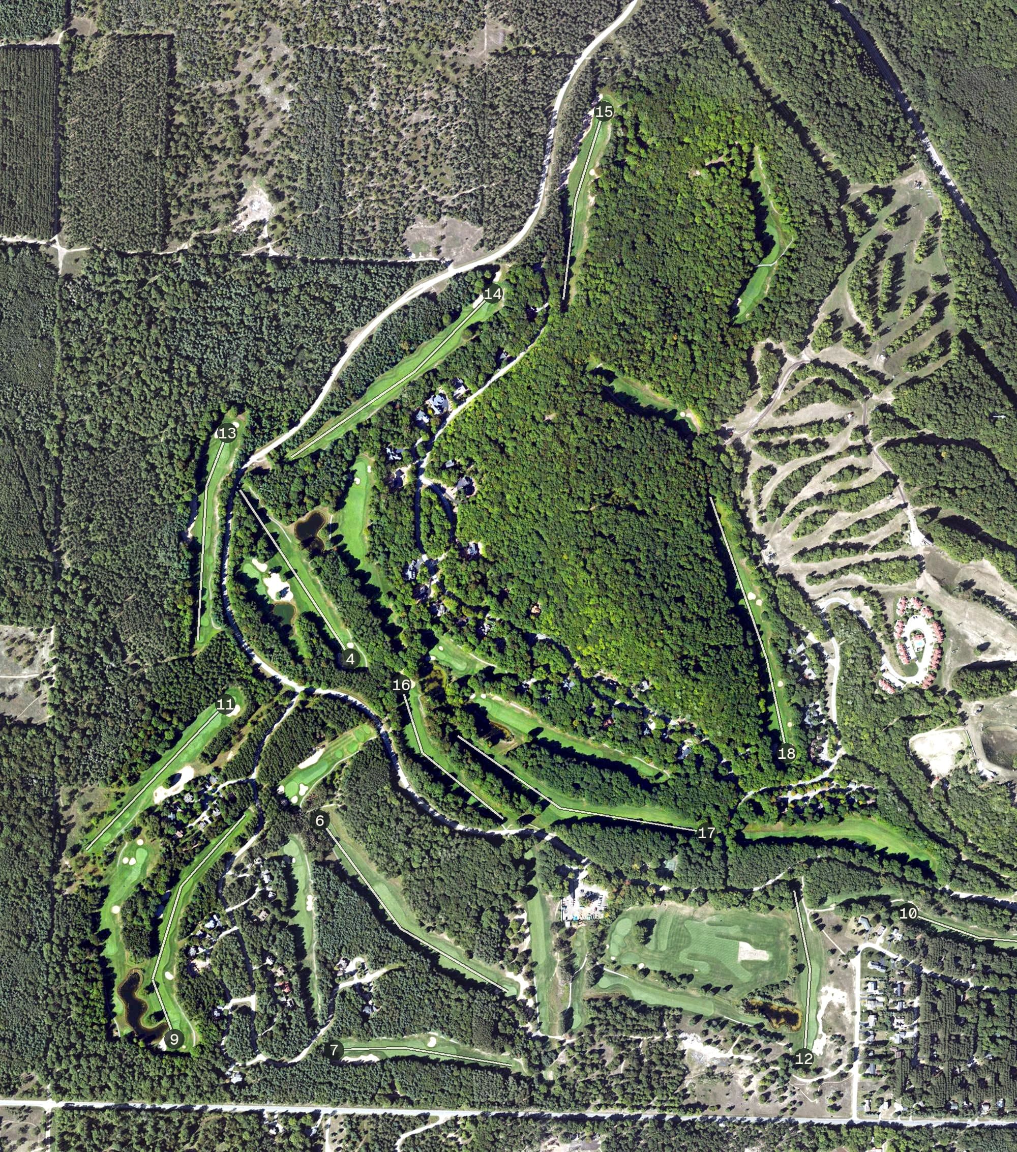 Aerial view of Mountain Ridge, MI, with its hole routing marked