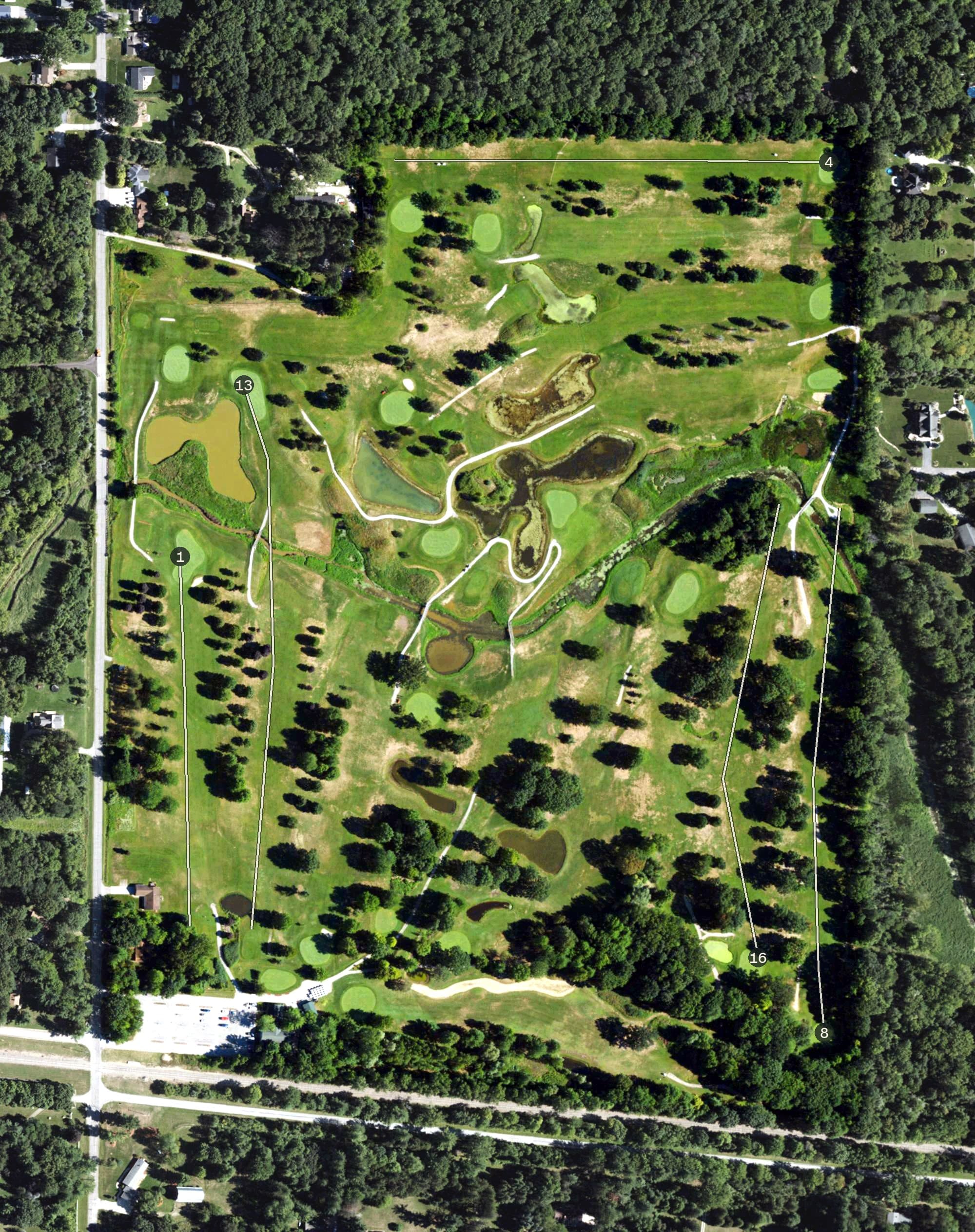 Aerial view of Mueller's Valley View Farm Golf Course, MI, with its hole routing marked