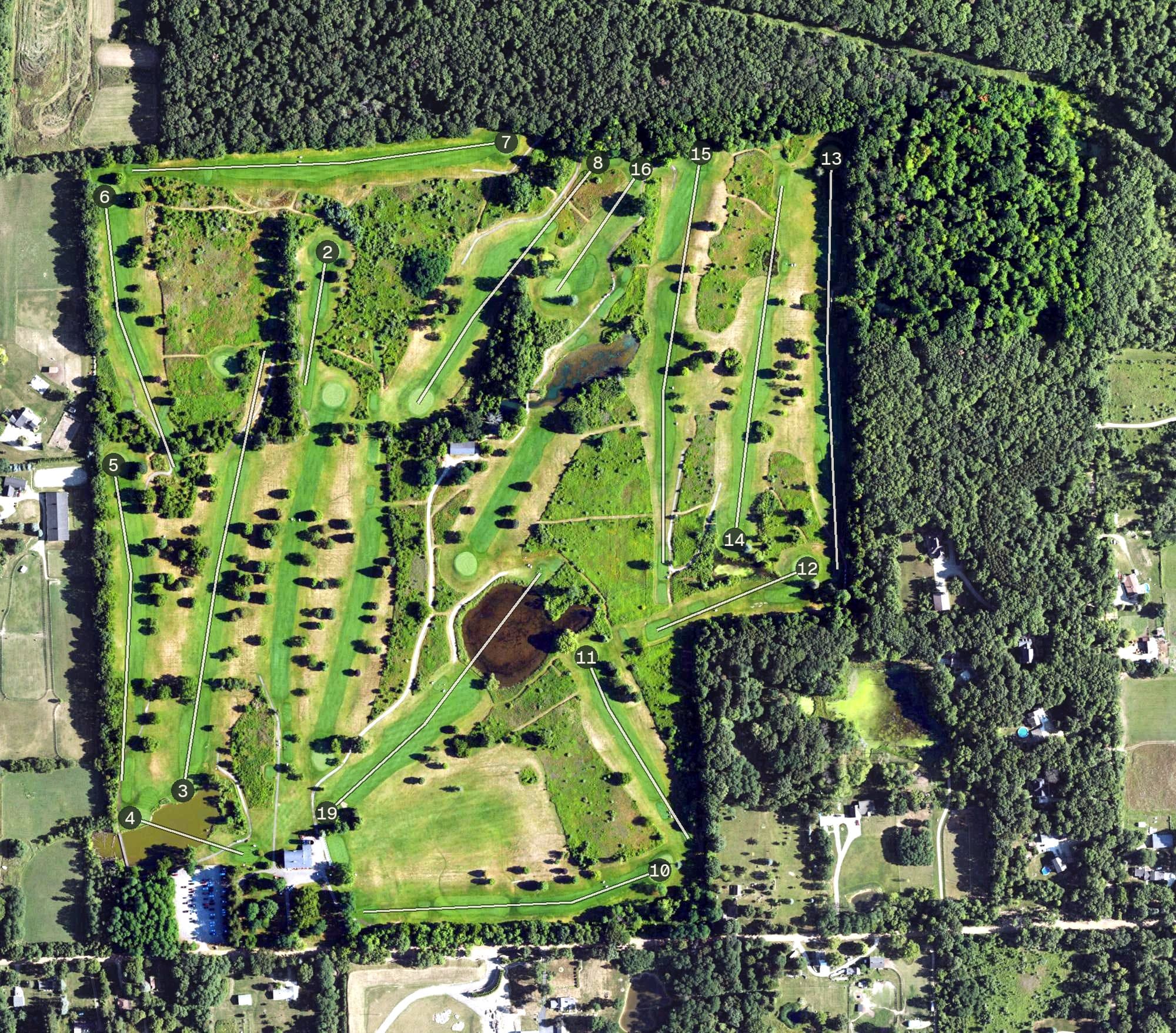 Aerial view of Mulberry Hills Golf Course, MI, with its hole routing marked