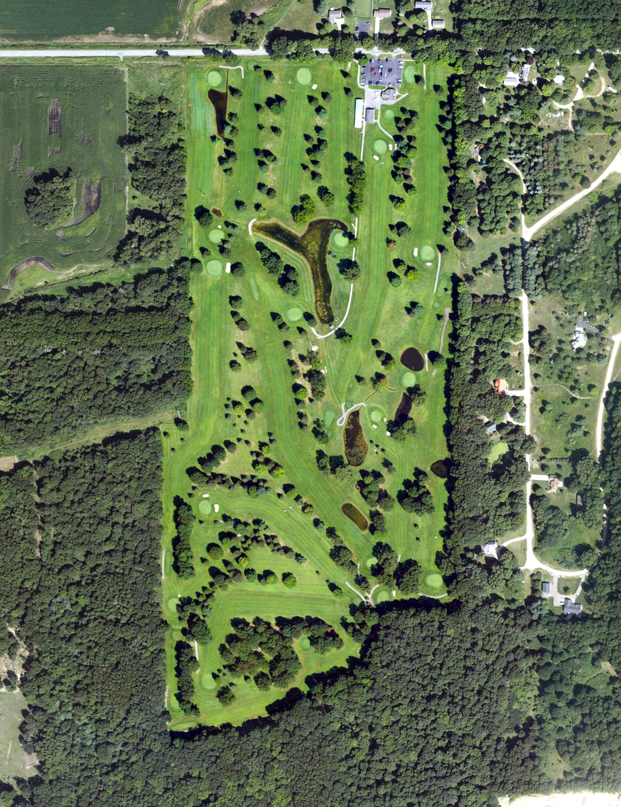 Aerial view of Mullenhurst Golf Course, MI, with its hole routing marked