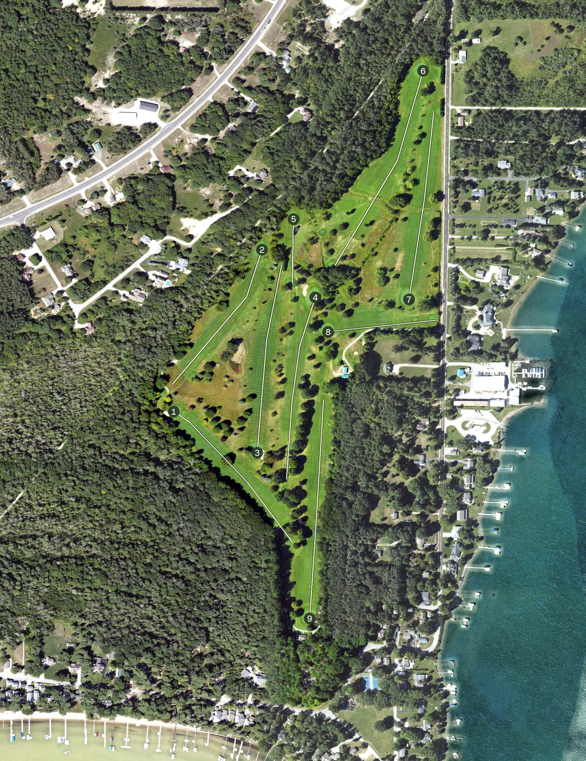 Aerial view of Mullett Lake Country Club, MI, with its hole routing marked