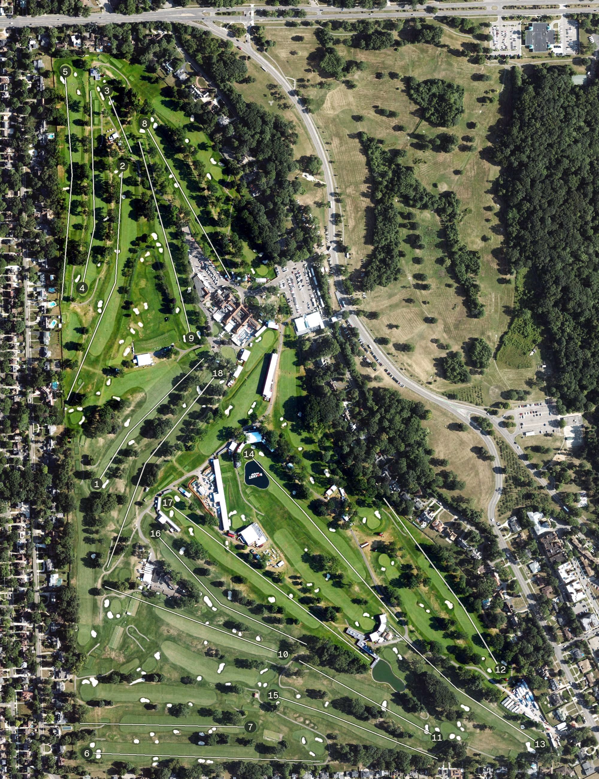 Aerial view of North Course, MI, with its hole routing marked